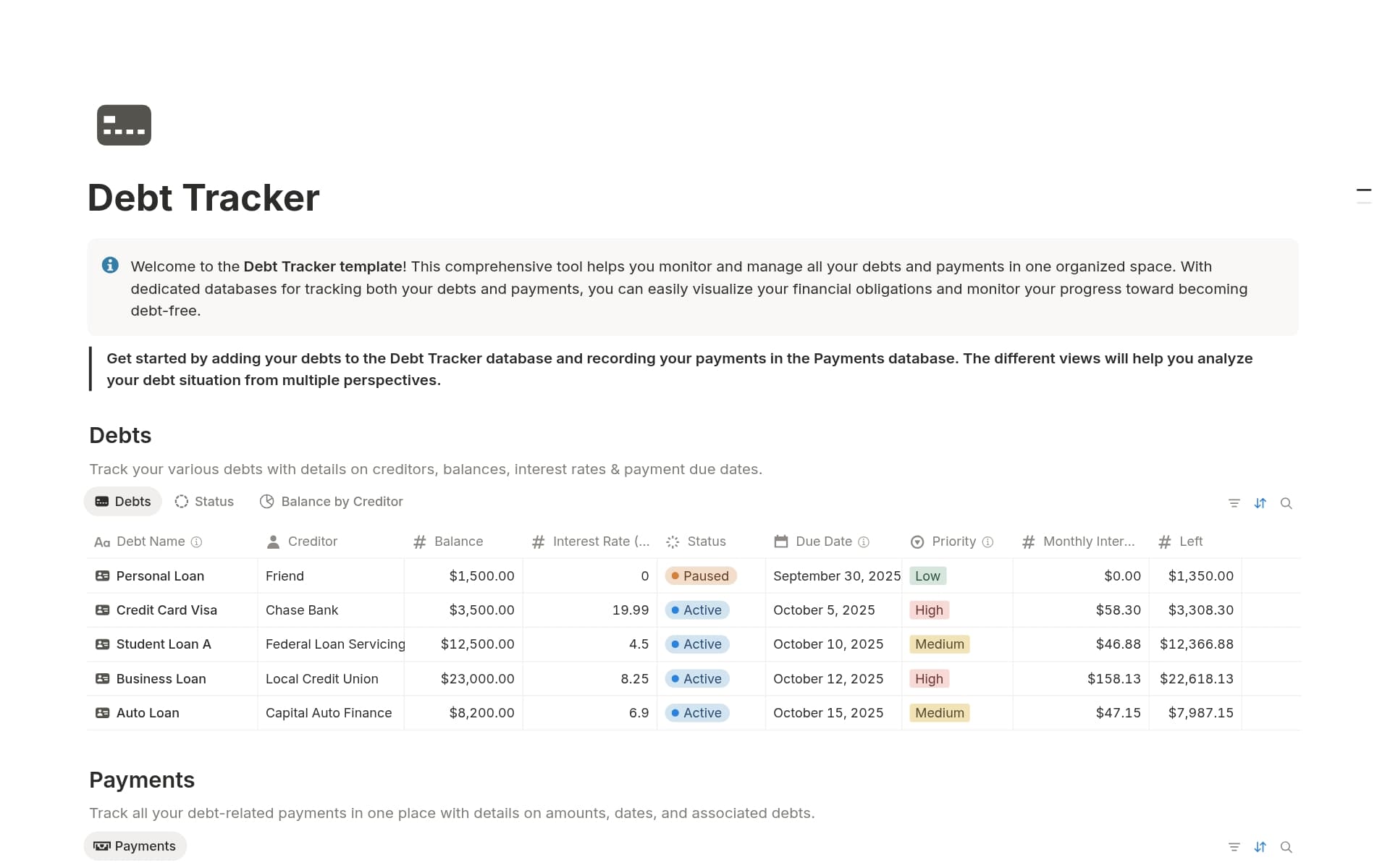 A template preview for Debt Tracker