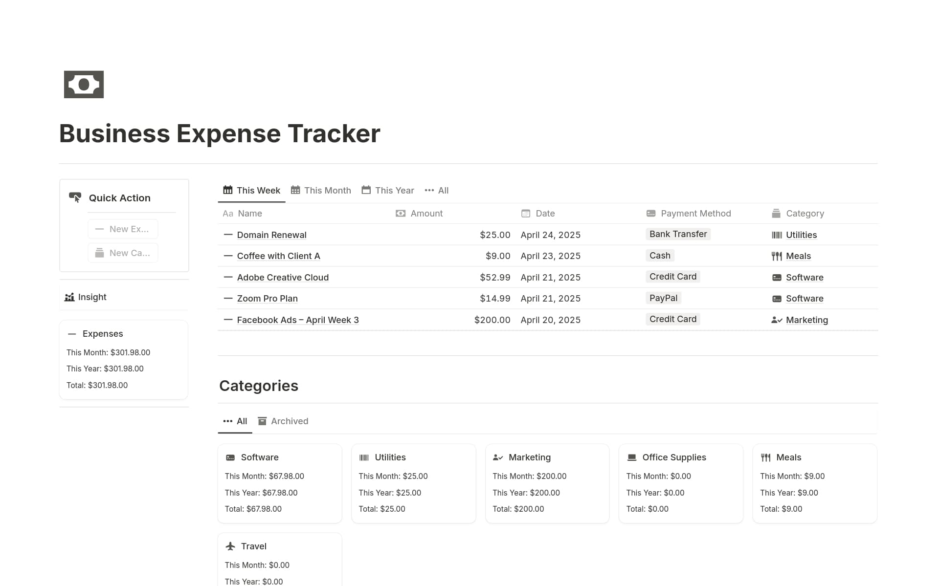 A template preview for Business Expense Tracker