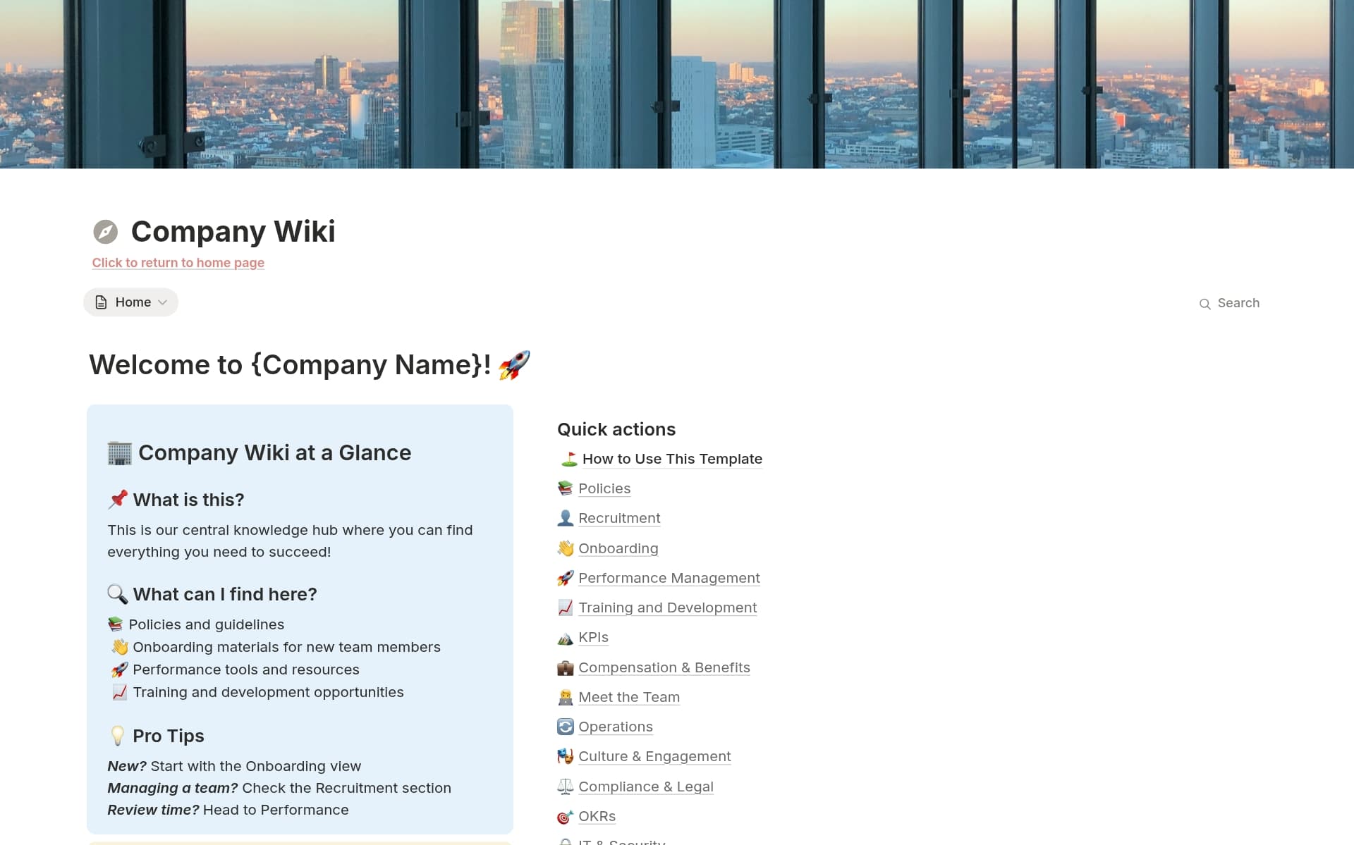 A template preview for Company Wiki