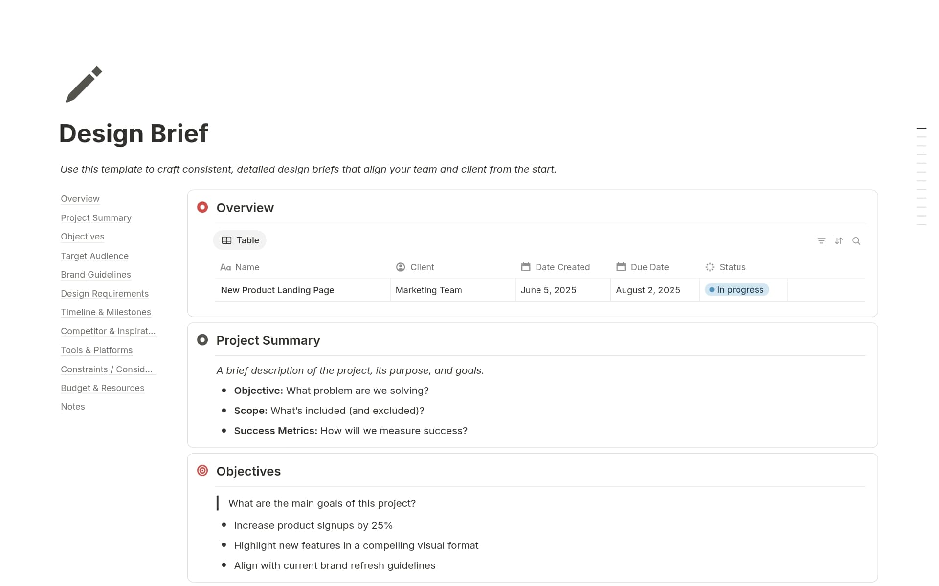 A template preview for Design Brief