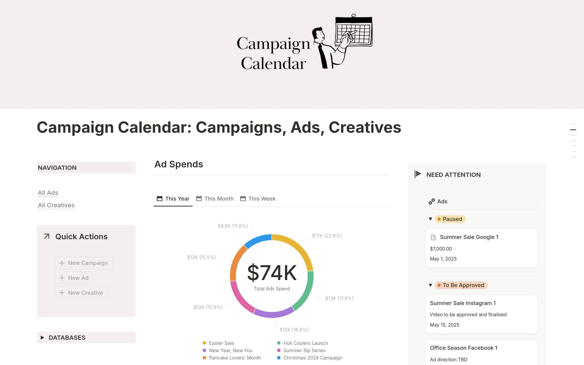 A template preview for Campaigns, Ads, Creatives Calendar