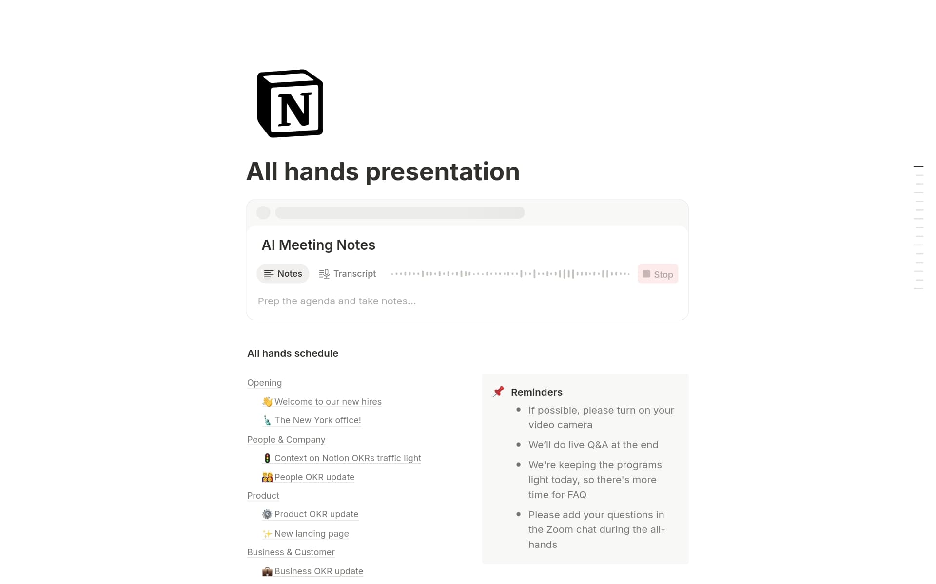 A template preview for Notion's all hands presentation
