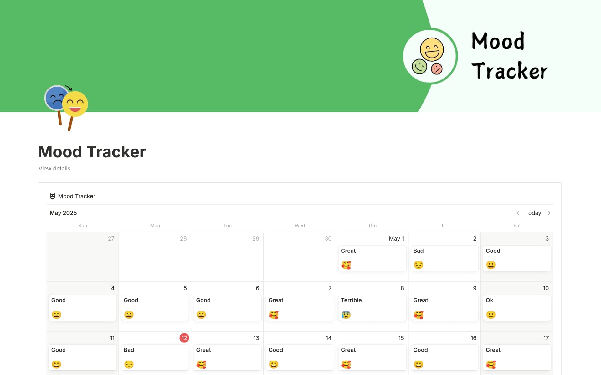 A template preview for Mood Tracker