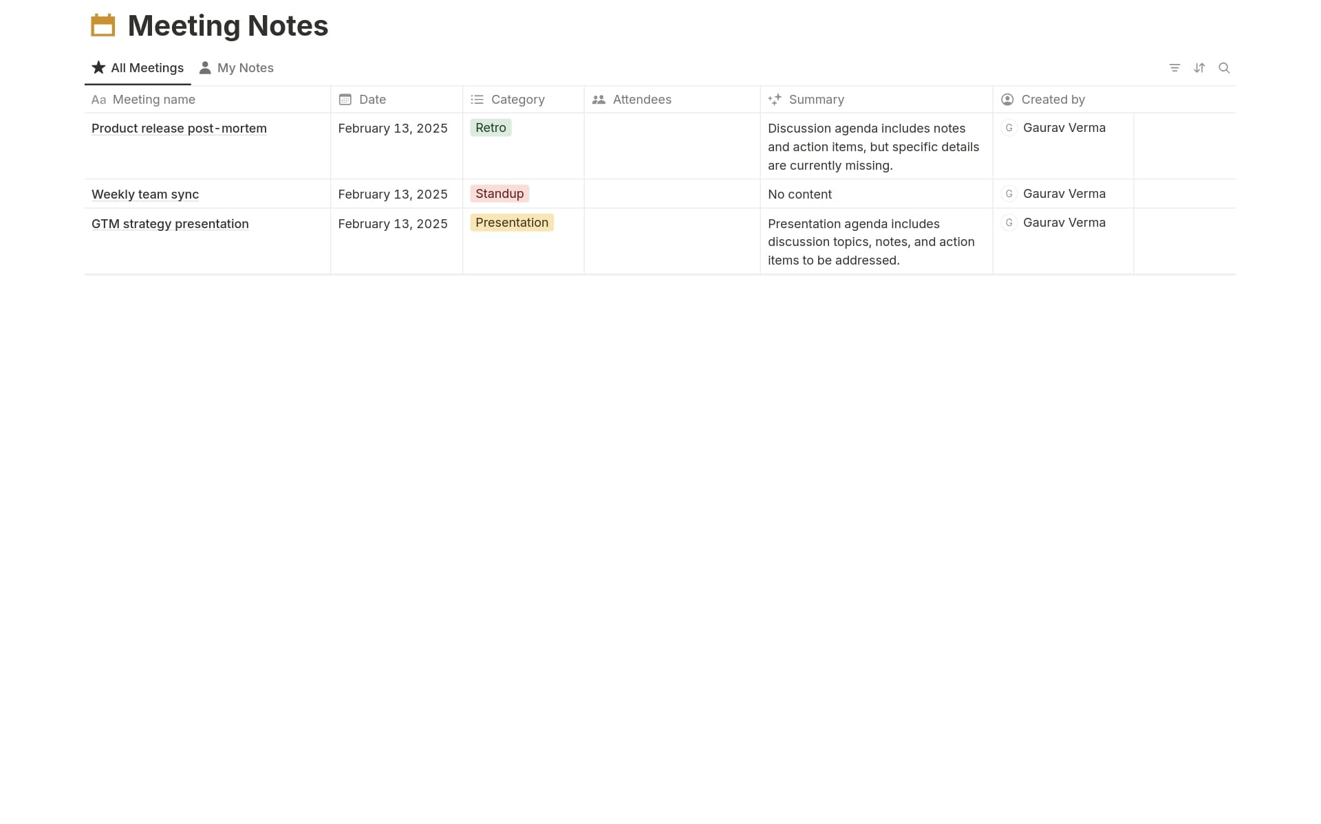 A template preview for Meeting Notes