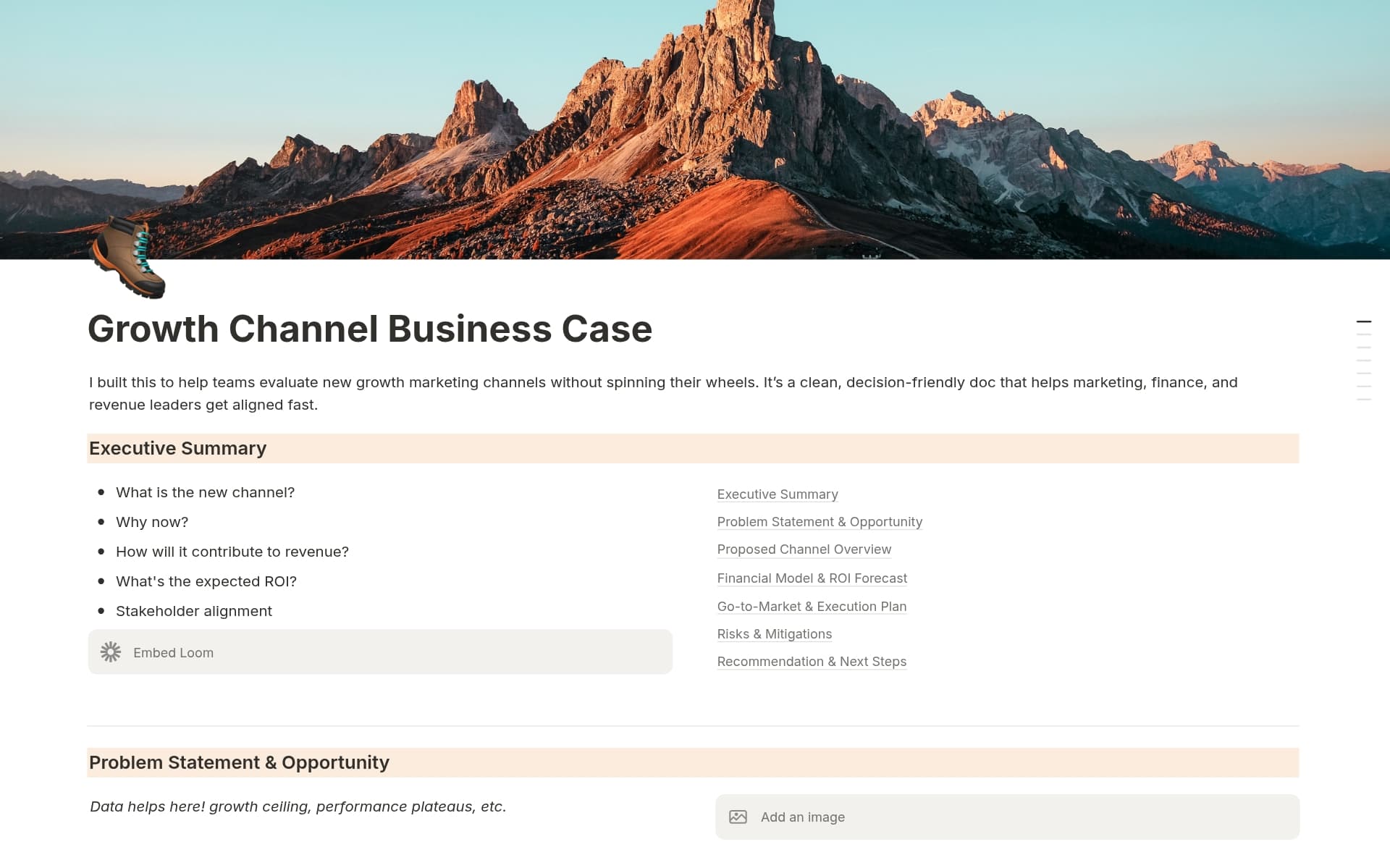 A template preview for Growth Channel Business Case