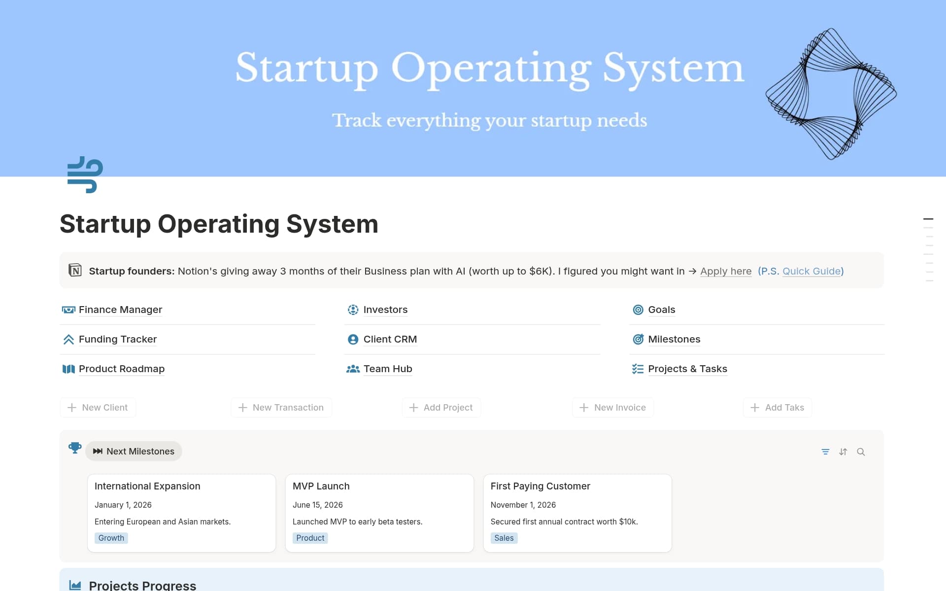 A template preview for Startup OS