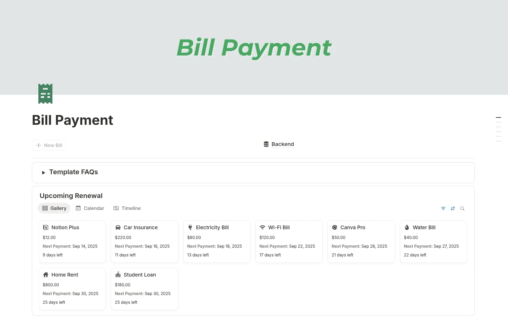 A template preview for Bill Payment Tracker