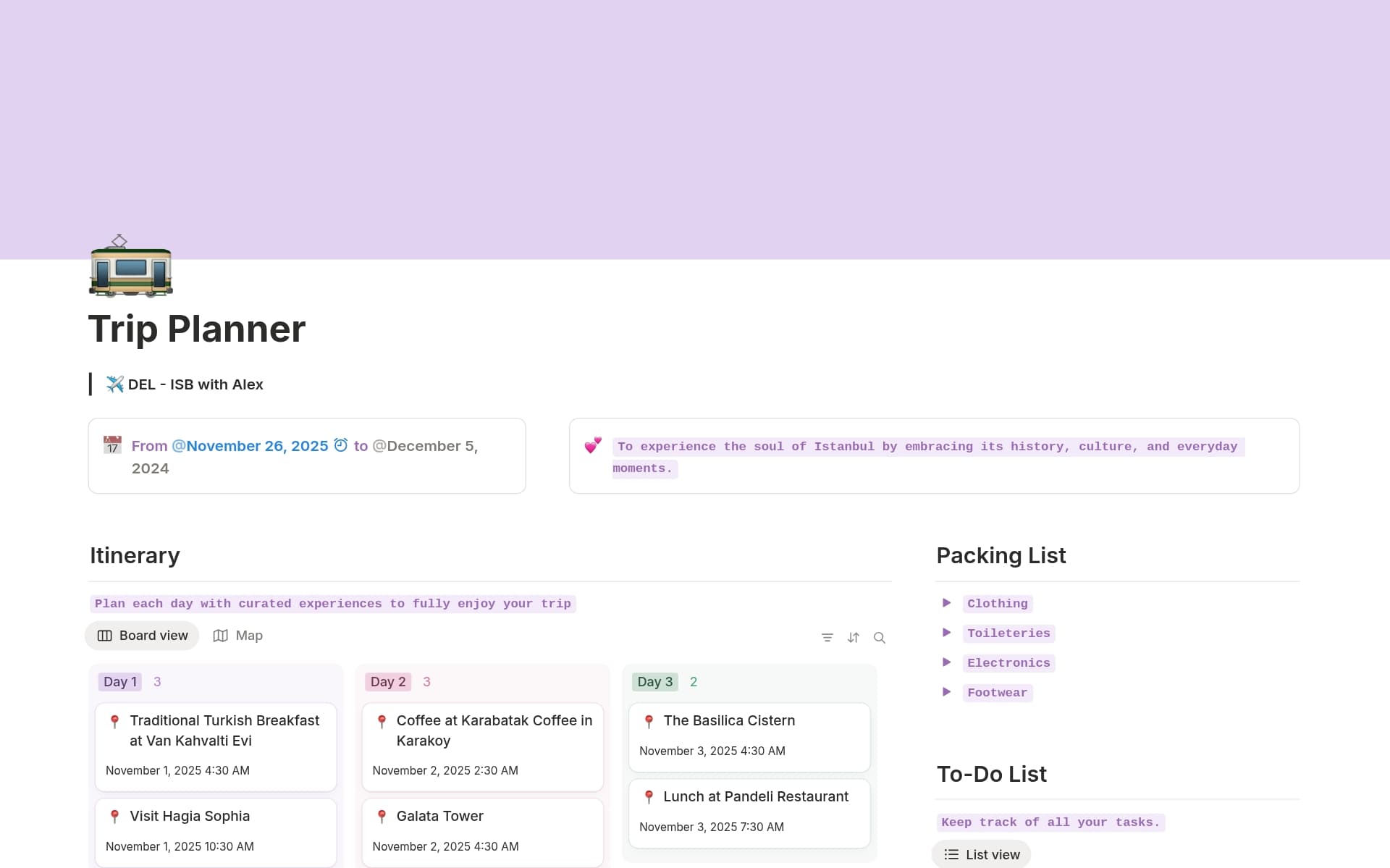 A template preview for Trip Planner