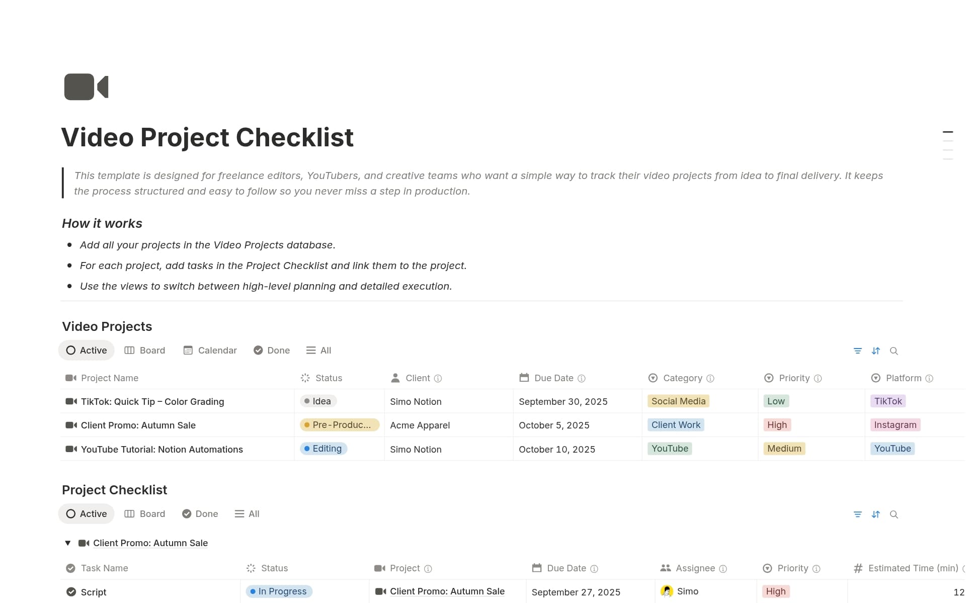 Uma prévia do modelo para Video Project Checklist