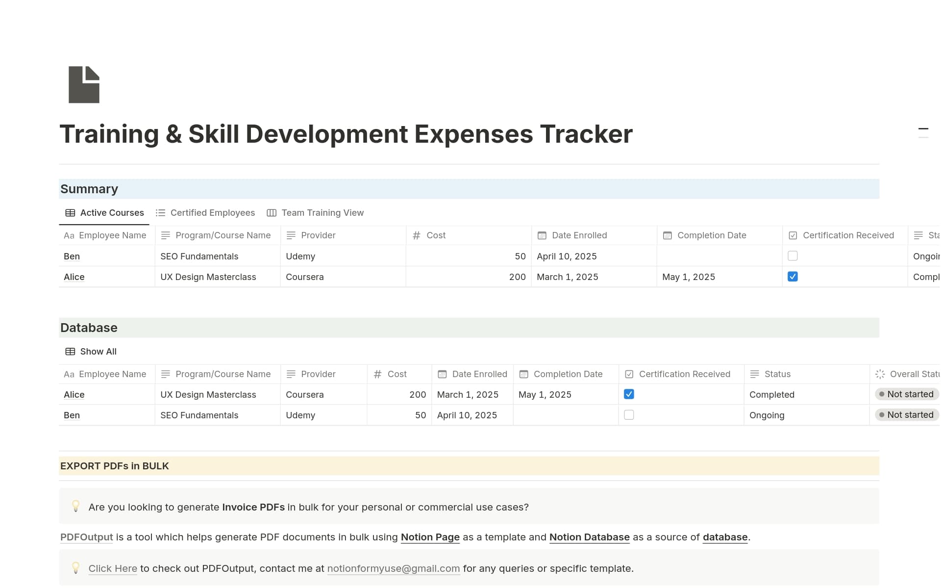 A template preview for Training & Skill Development Expenses Tracker