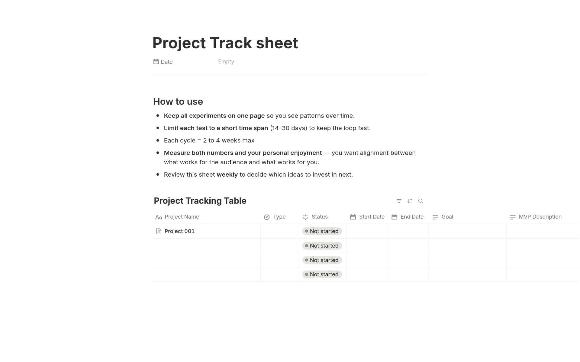 A template preview for Project Track sheet