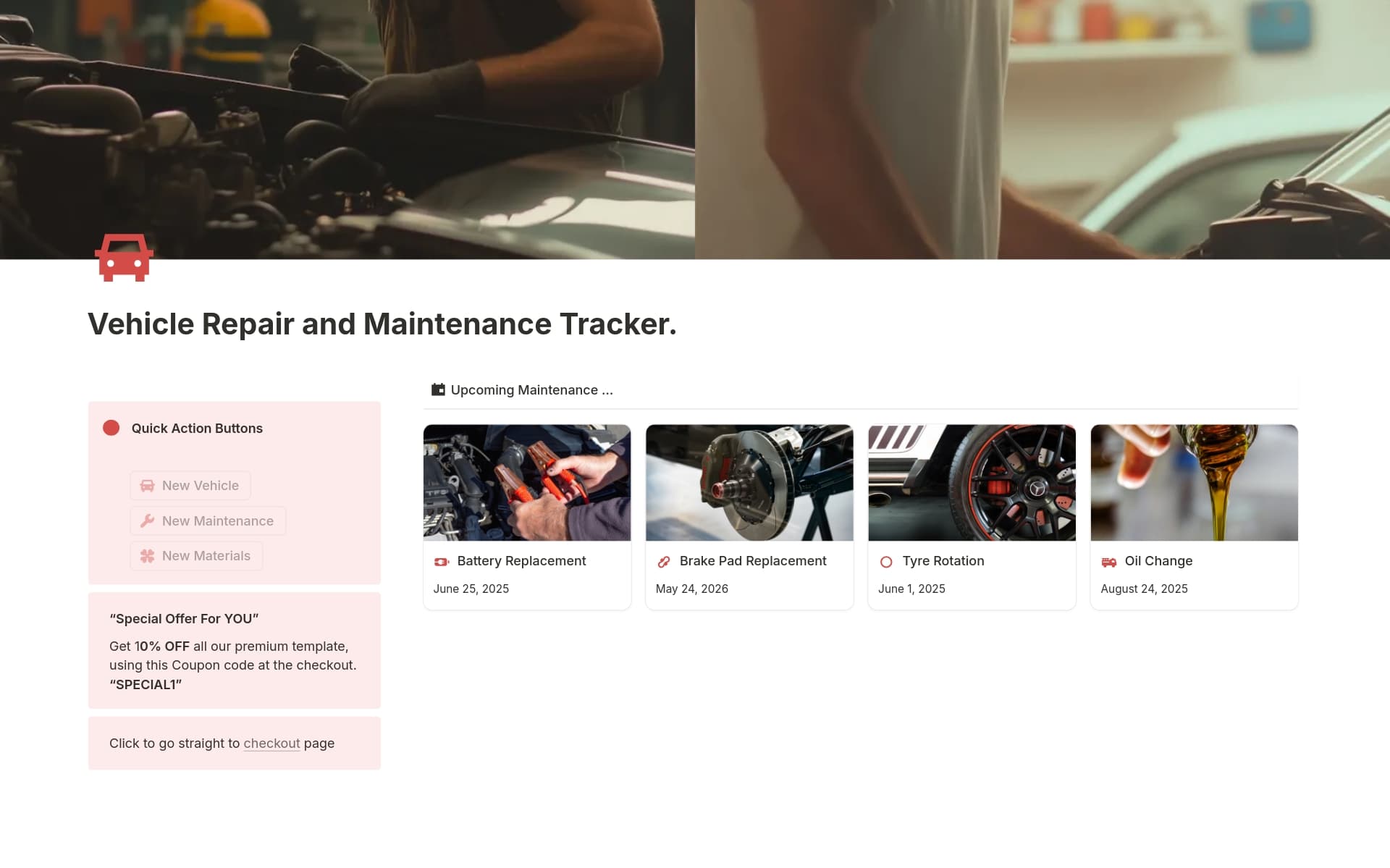 A template preview for Vehicle Repair and Maintenance Tracker.