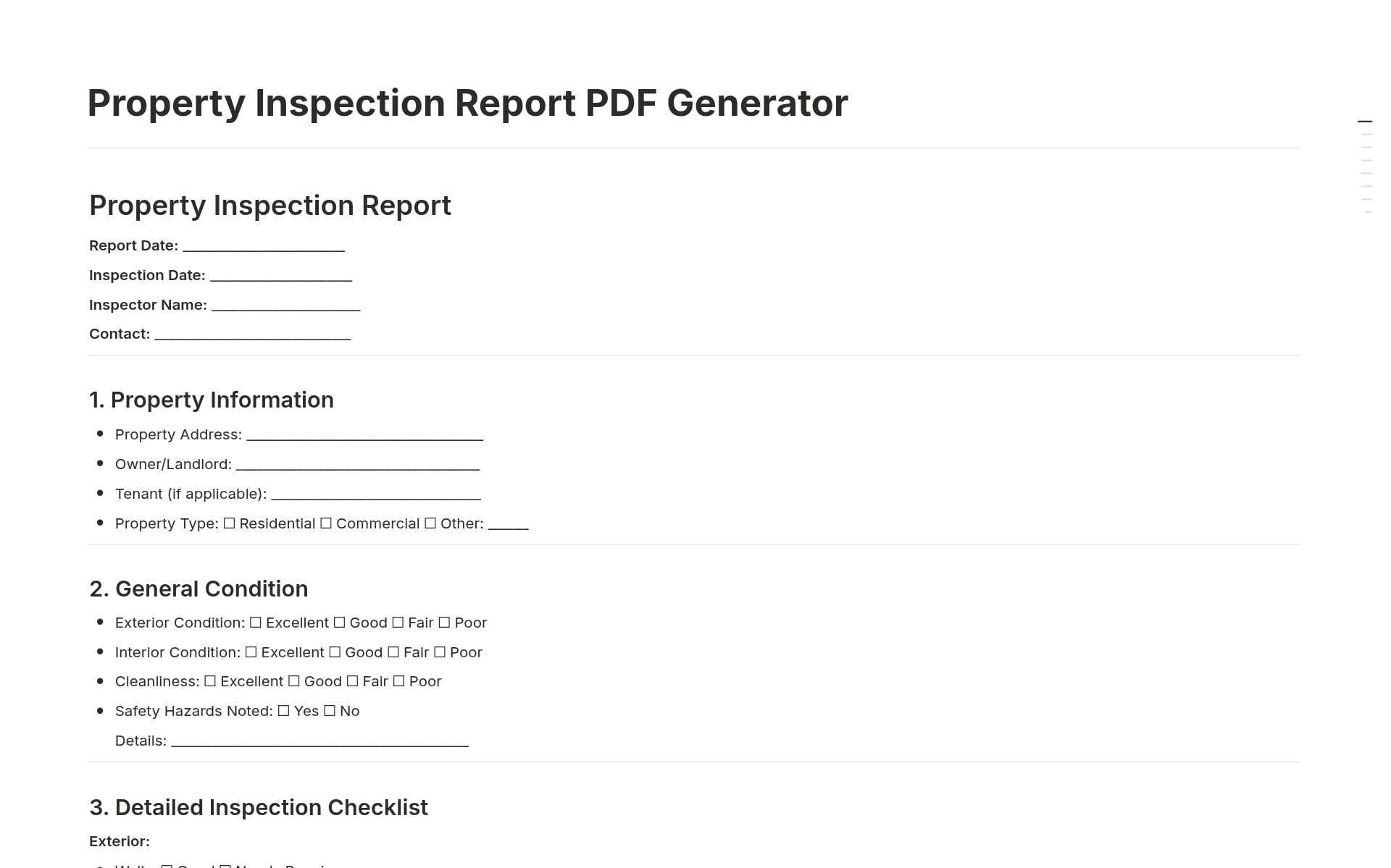 A template preview for Property Inspection Report PDF Generator