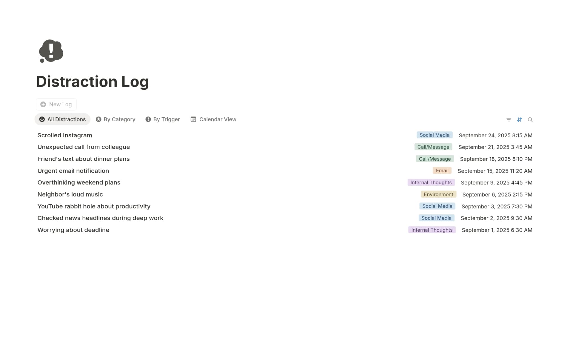 A template preview for Distraction Log