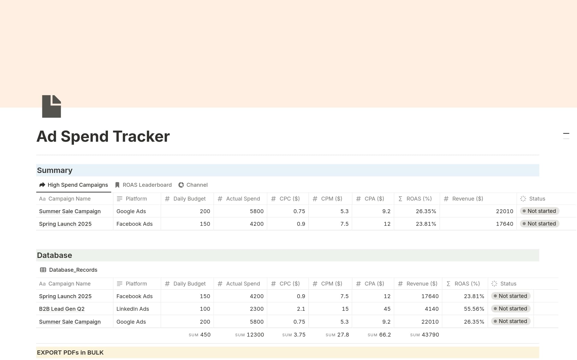 A template preview for Ad Spend Tracker