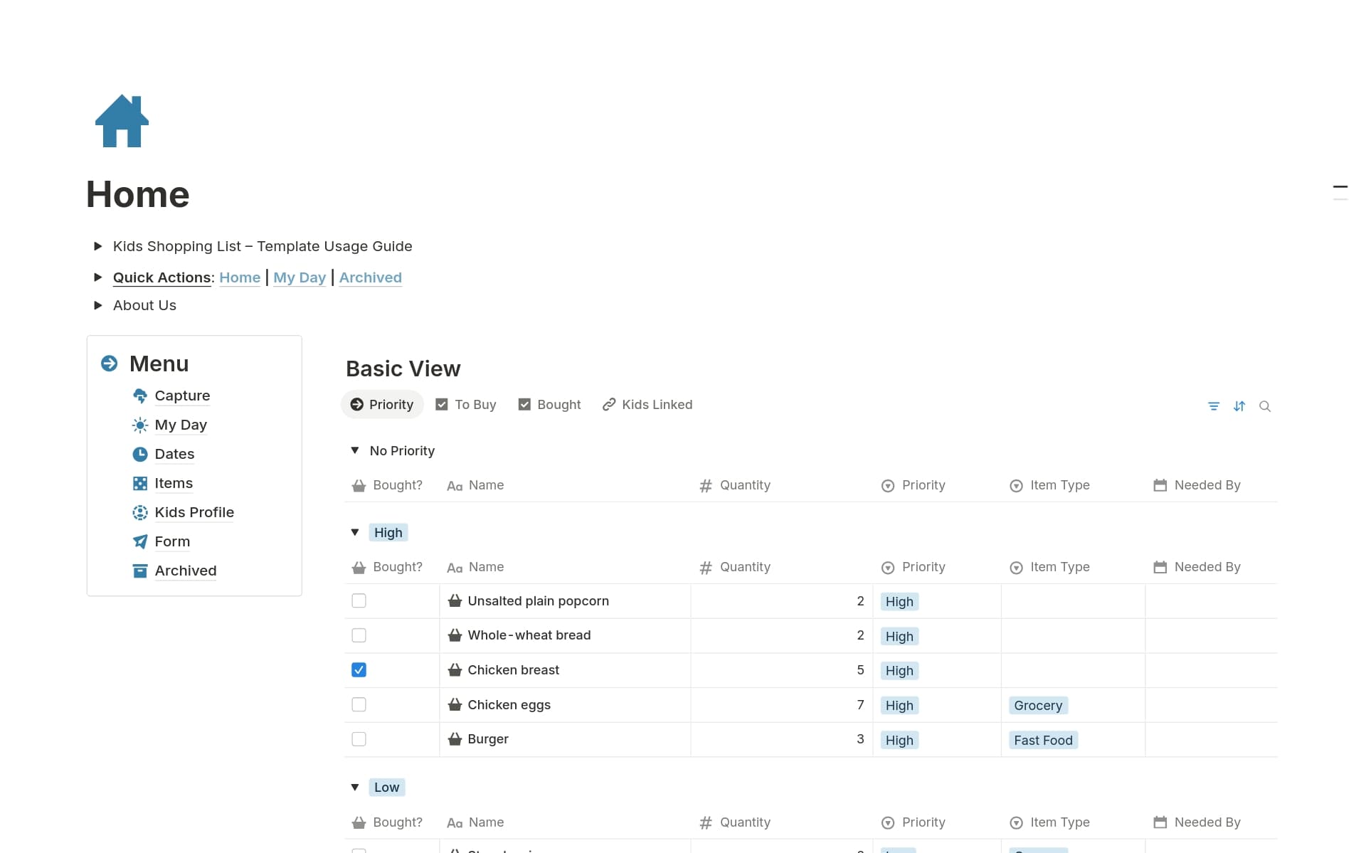 A Notion template designed for parents to manage every kids shopping request in one place! Use the kids request form, organize with the buy list, and plan weekly using this family planner-style system. The perfect parents shopping list made simple!