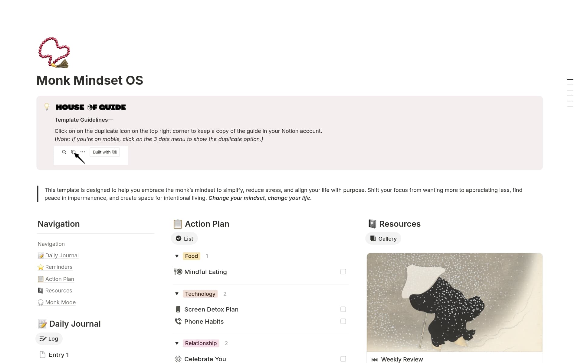 A template preview for Monk Mindset OS