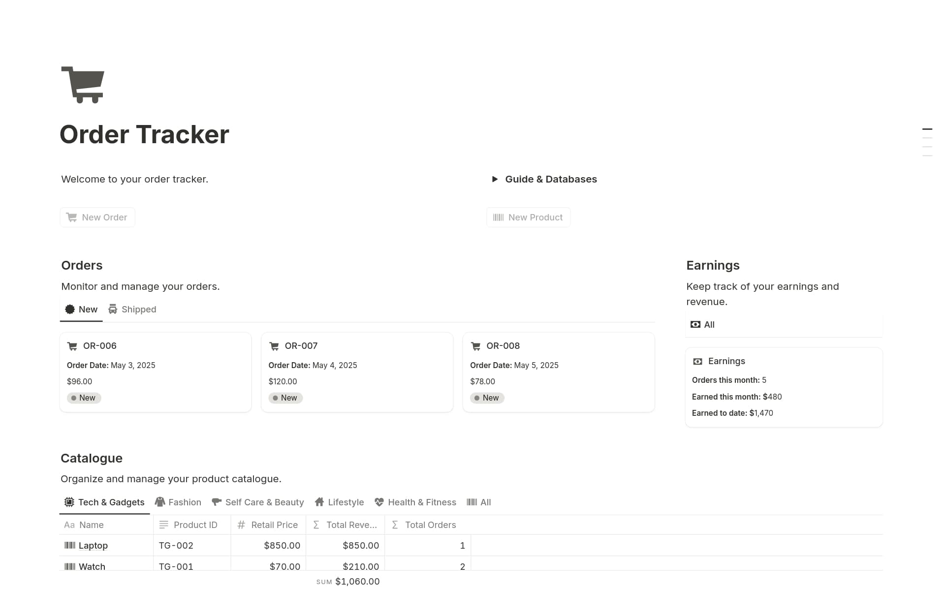 A template preview for Order Tracker