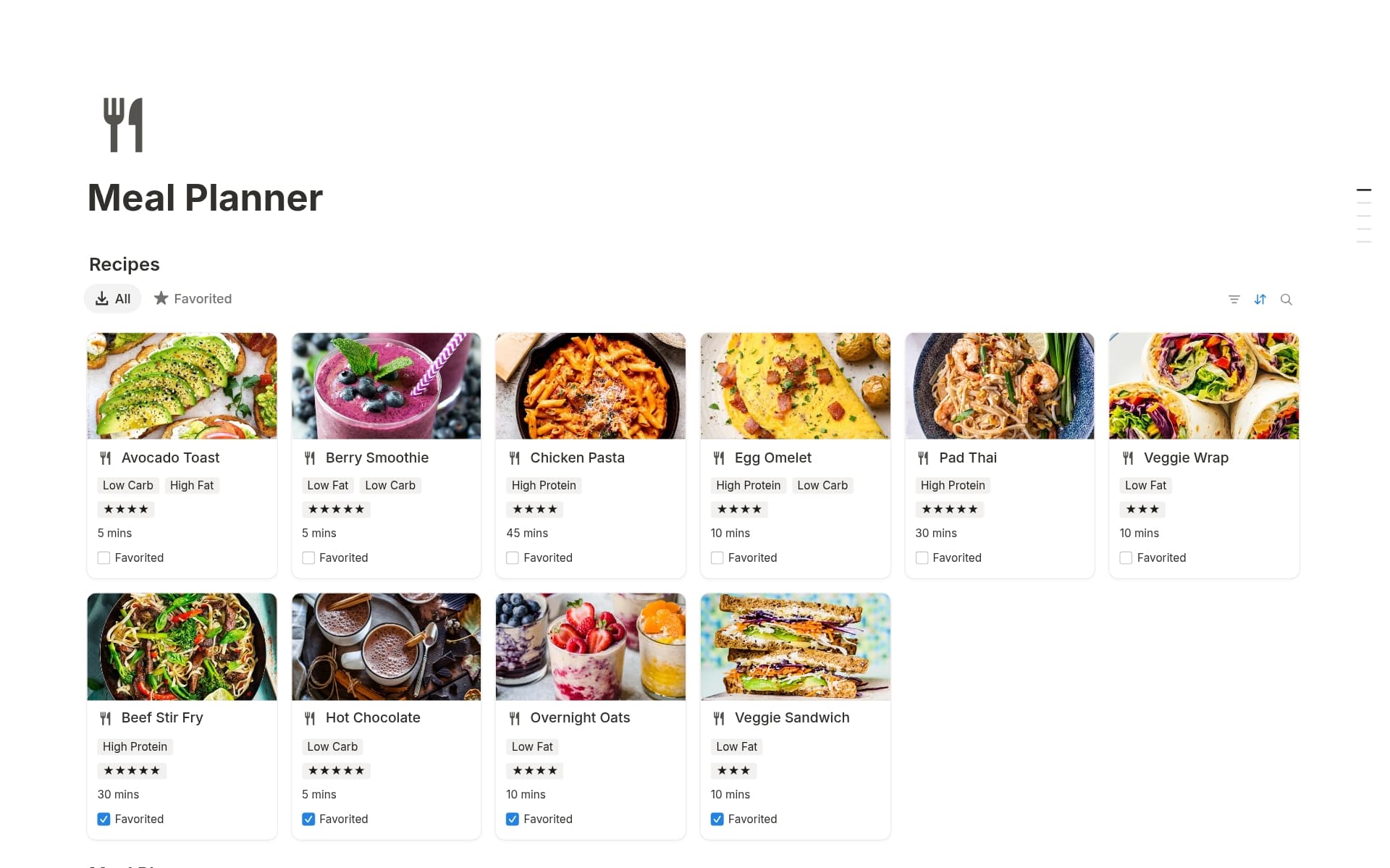 A template preview for Meal Planner
