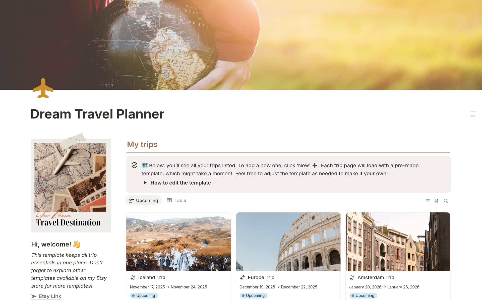A template preview for Dream Travel Planner