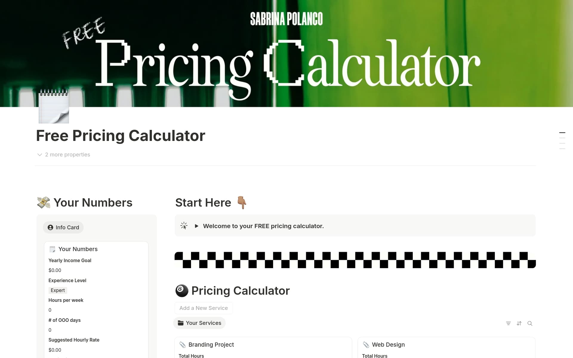 A template preview for Freelancer Pricing Calculator