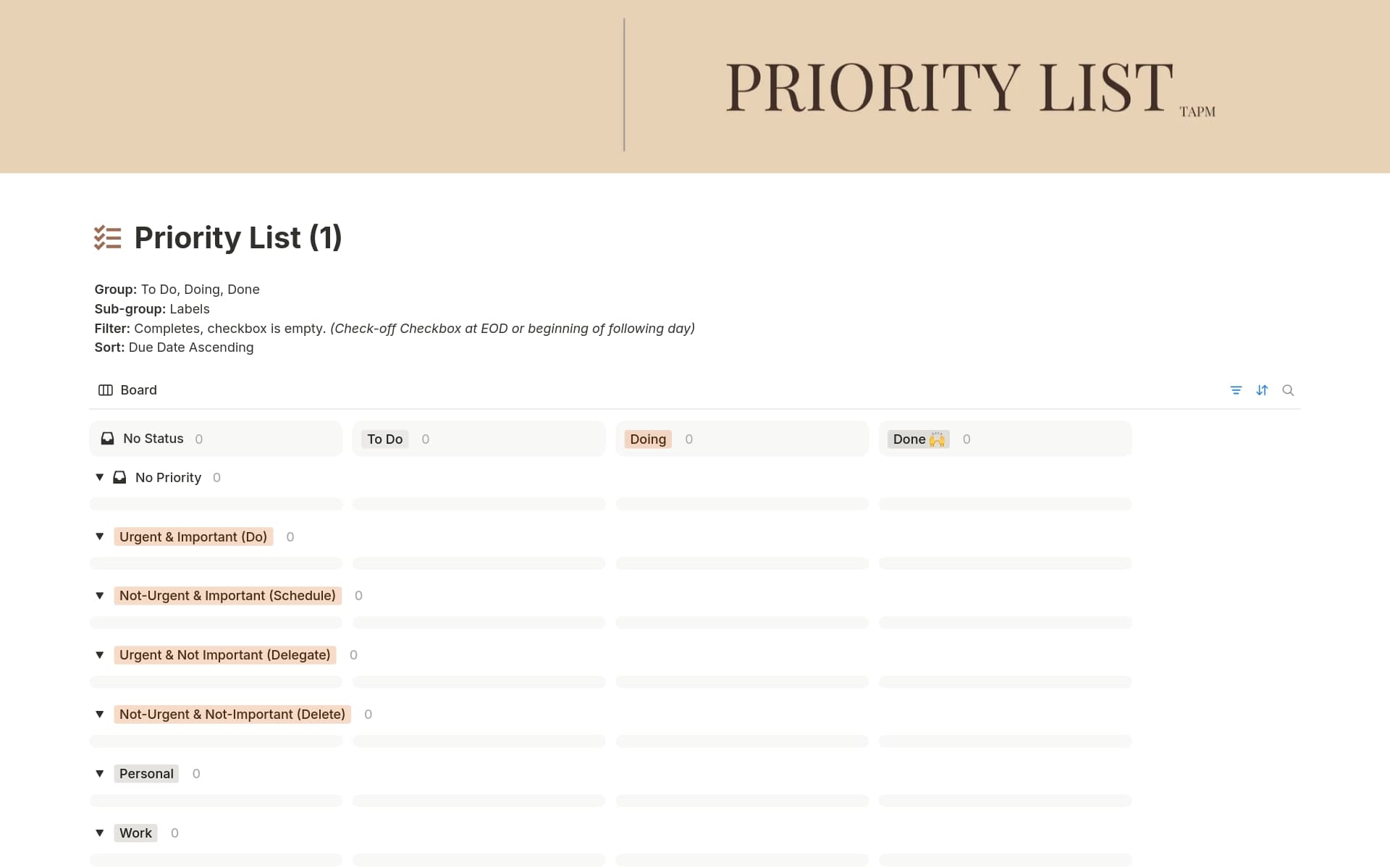 A template preview for Smart Prioritization Tasks List