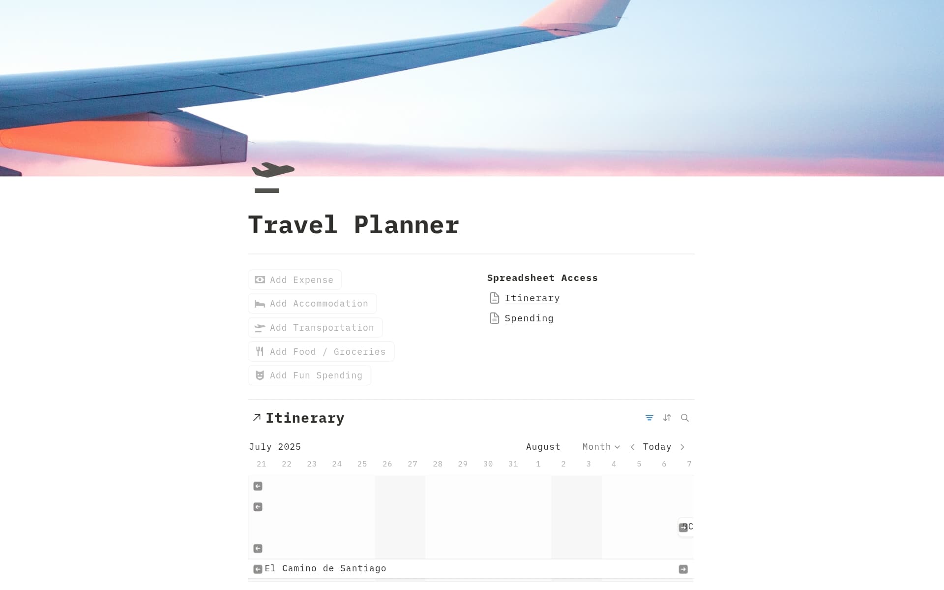 A template preview for Travel Itinerary & Trip Expense Tracker