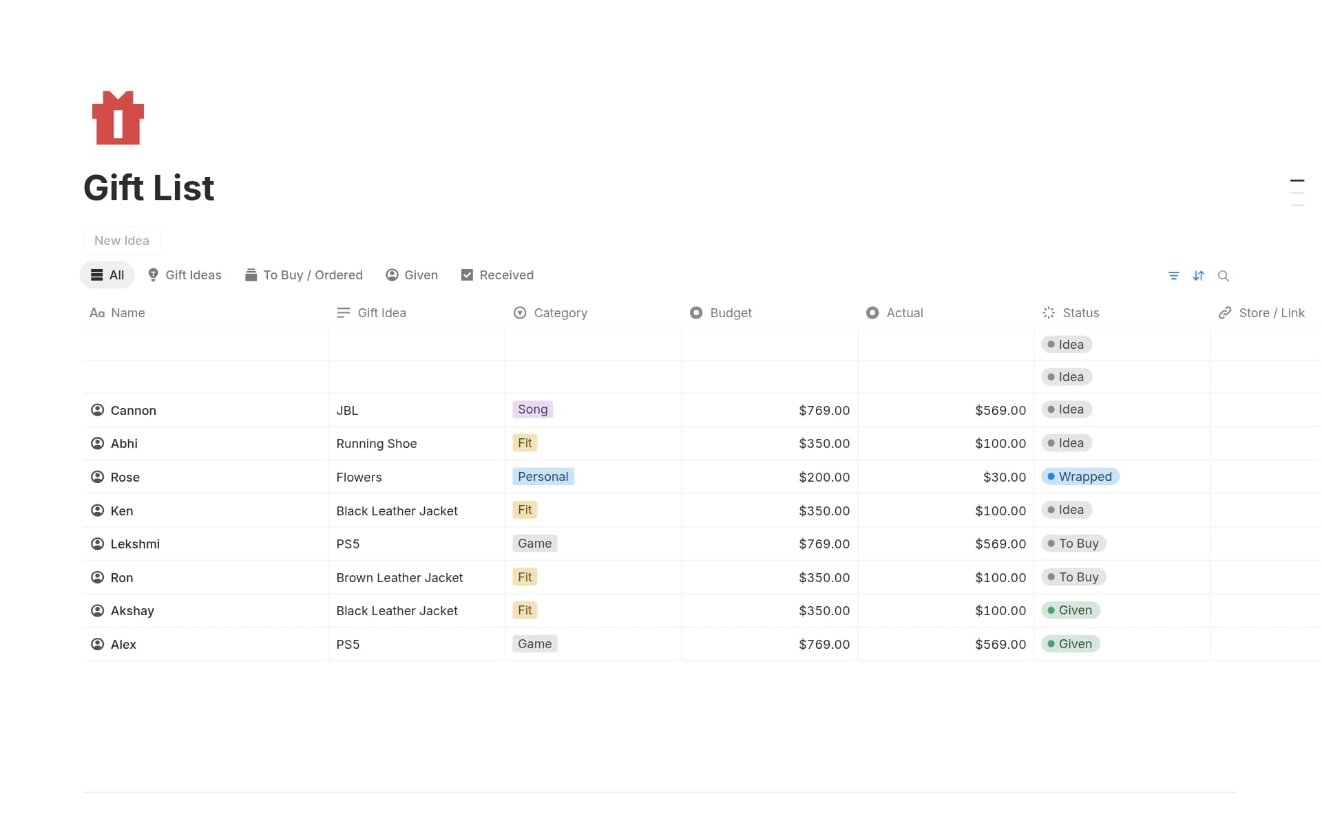A template preview for Simple Gift List
