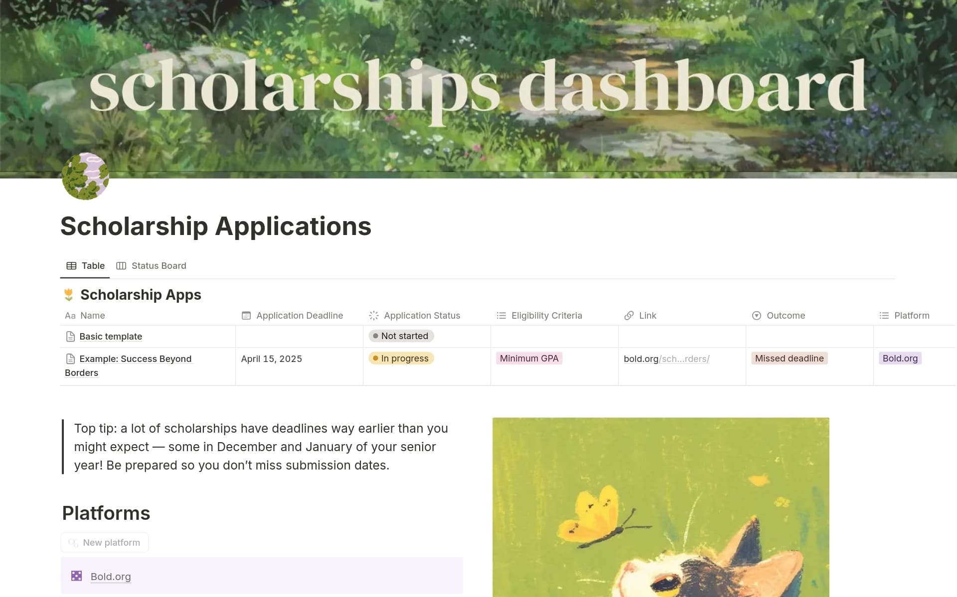 A template preview for Scholarship Applications Dashboard