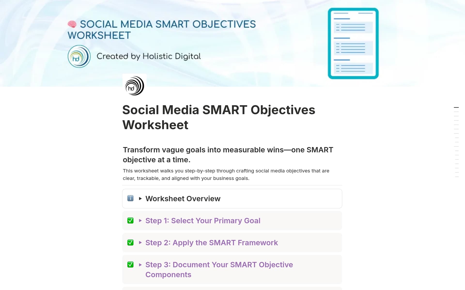 A template preview for Social Media SMART Objectives Worksheet