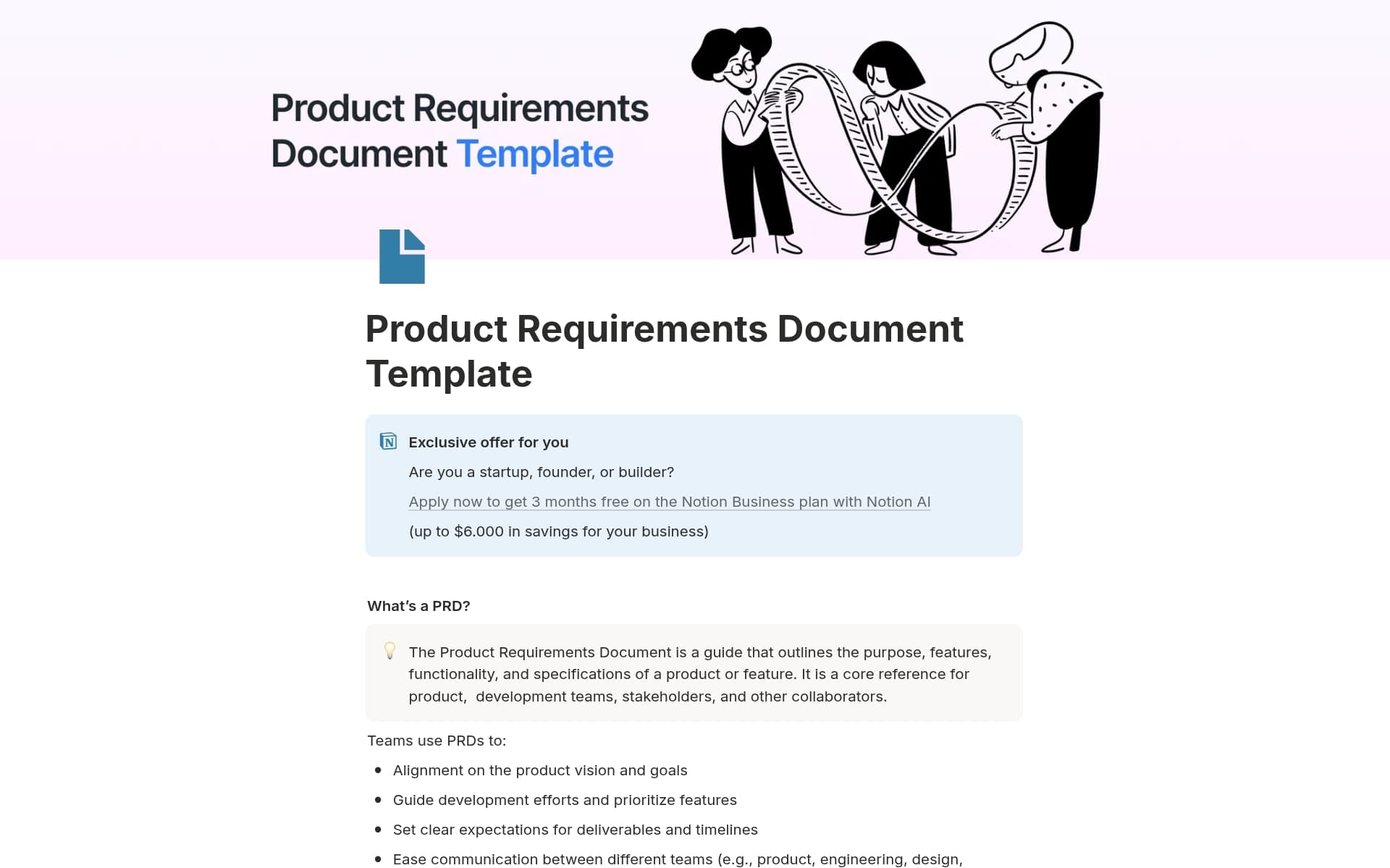 A template preview for Product Requirements Document (PRD)