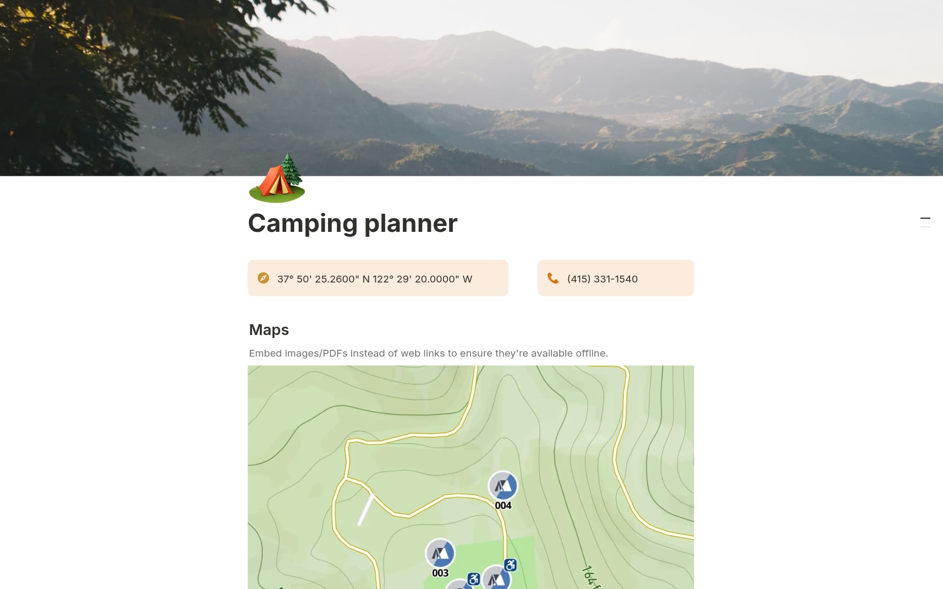 Vista previa de plantilla para Camping planner