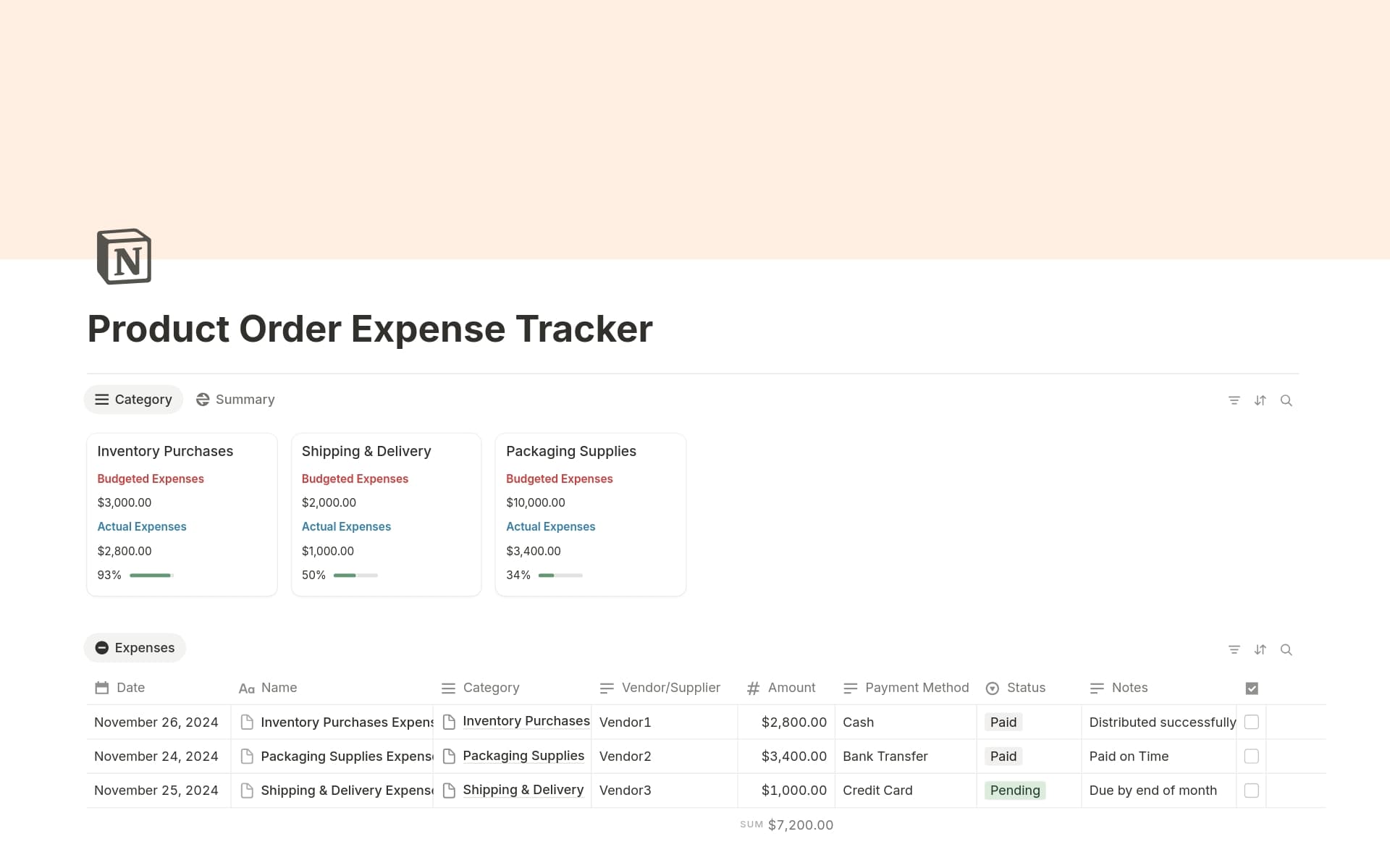 A template preview for Product Order Expense Tracker