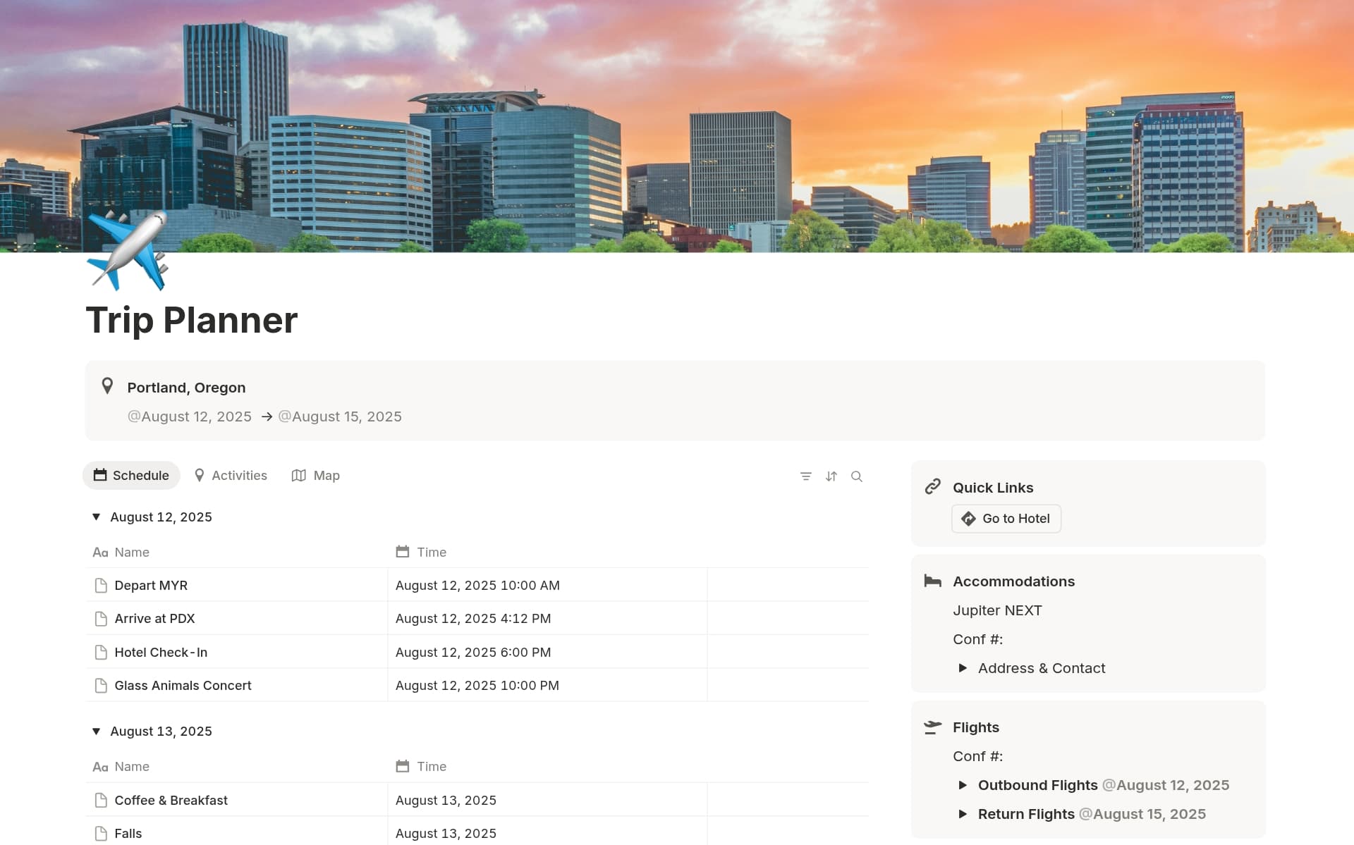 A template preview for Trip Planner