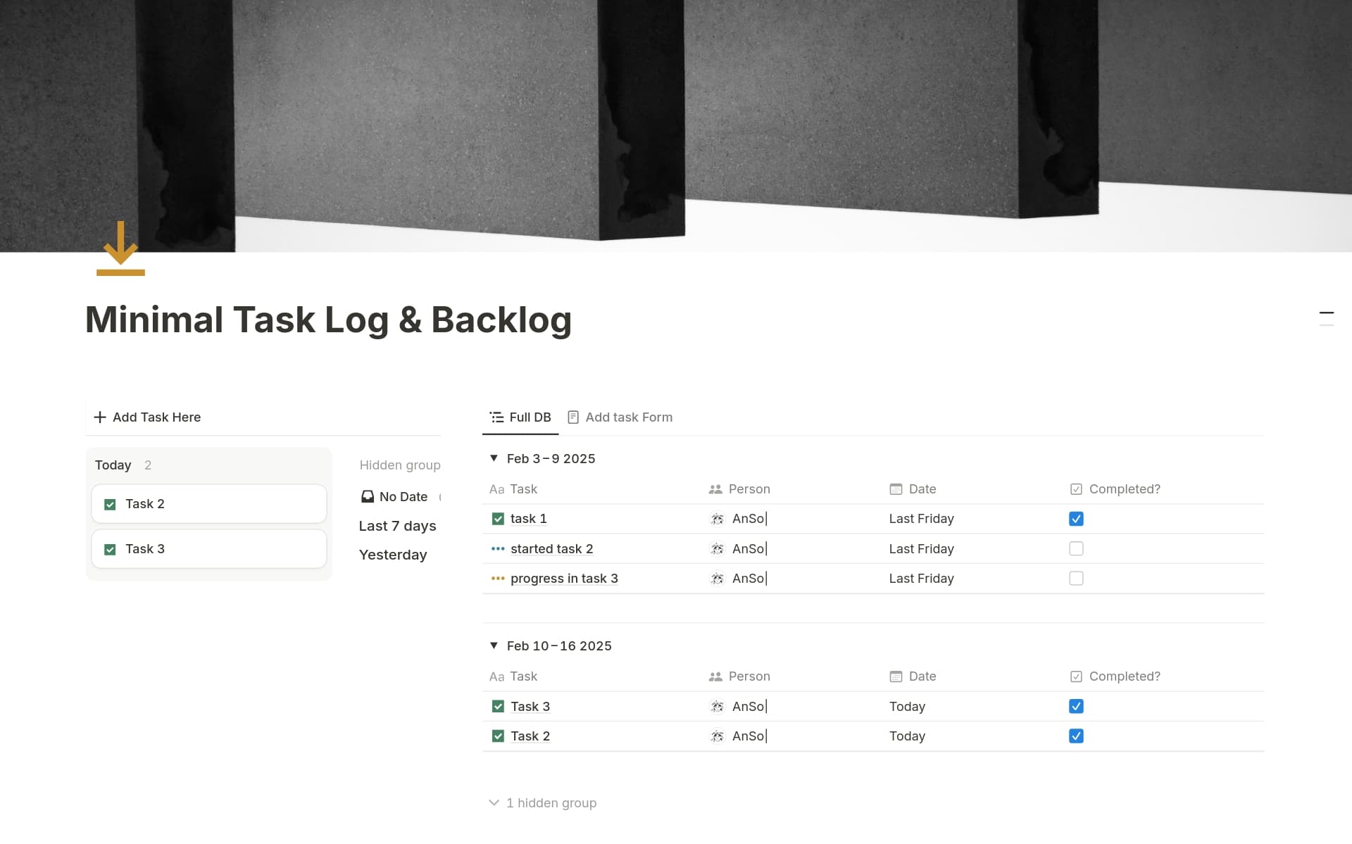 A template preview for Minimal Task log (Backlog)