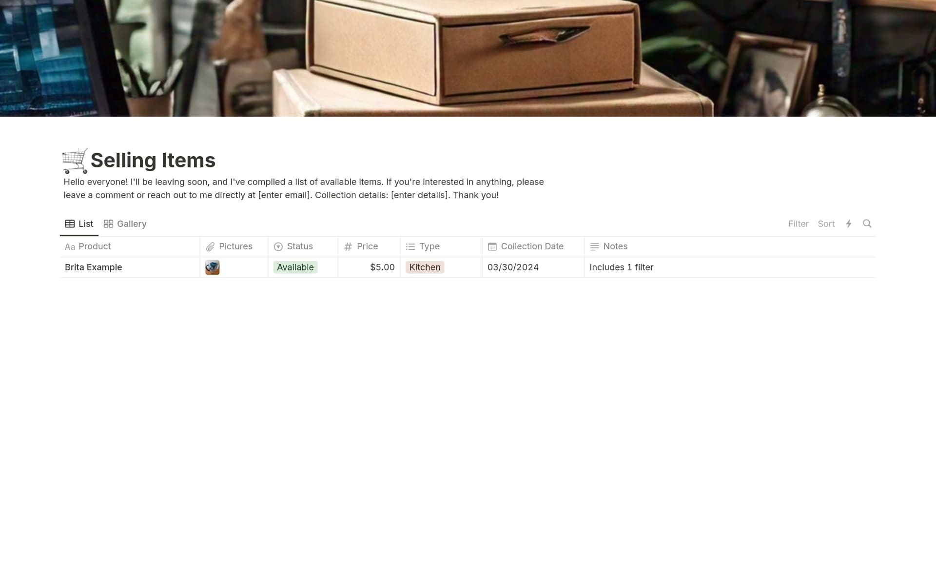 A template preview for Selling Personal Items