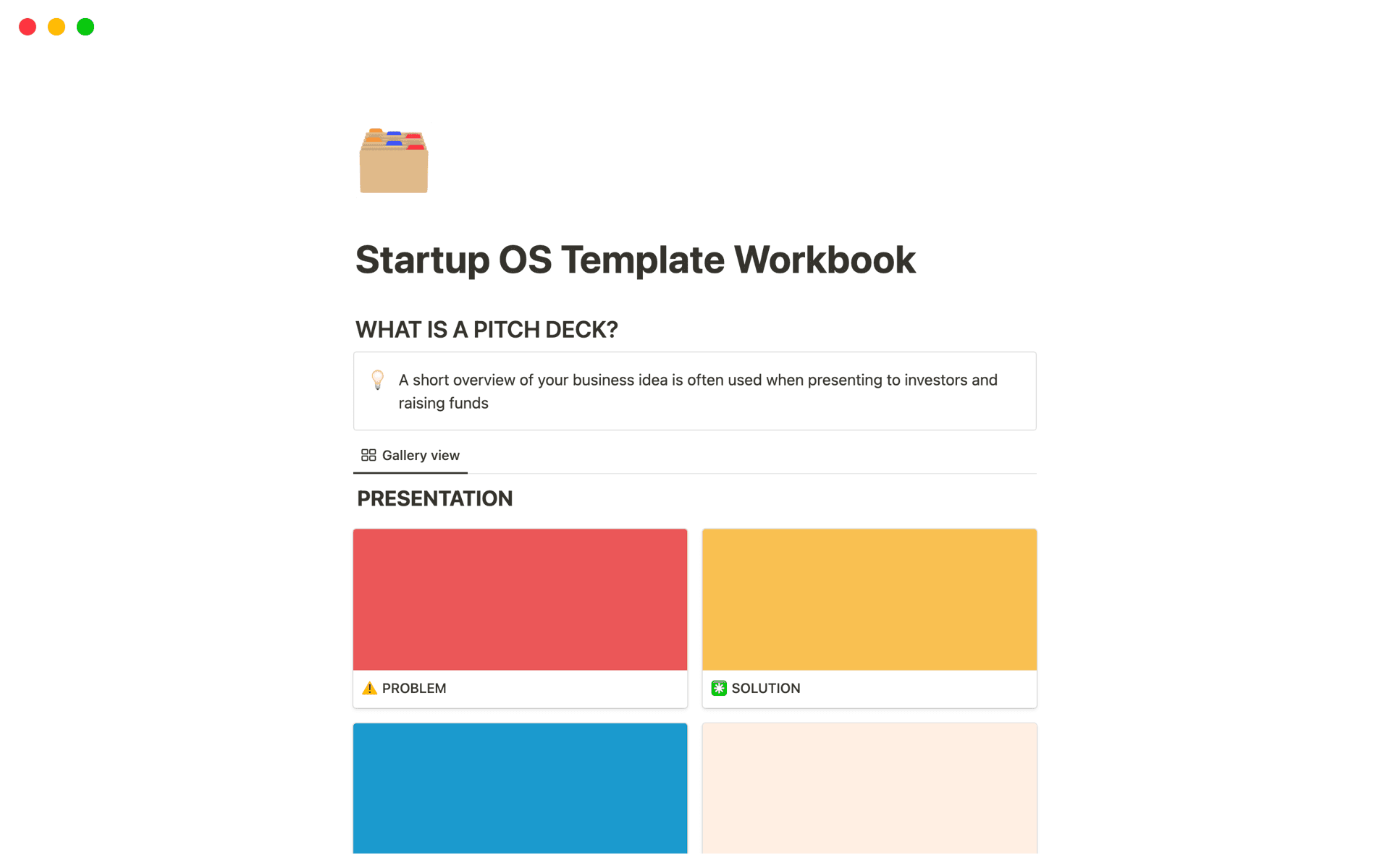 A template preview for Startup OS Template Workbook
