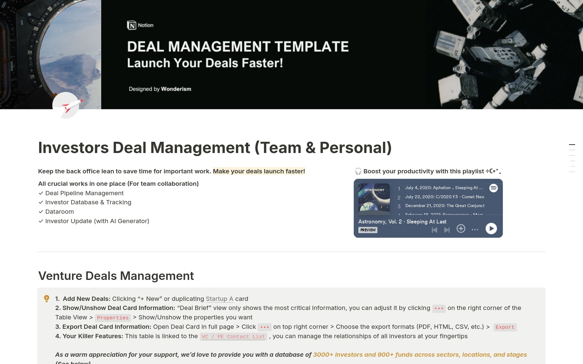 A template preview for Investors Deal Management (Team & Personal)