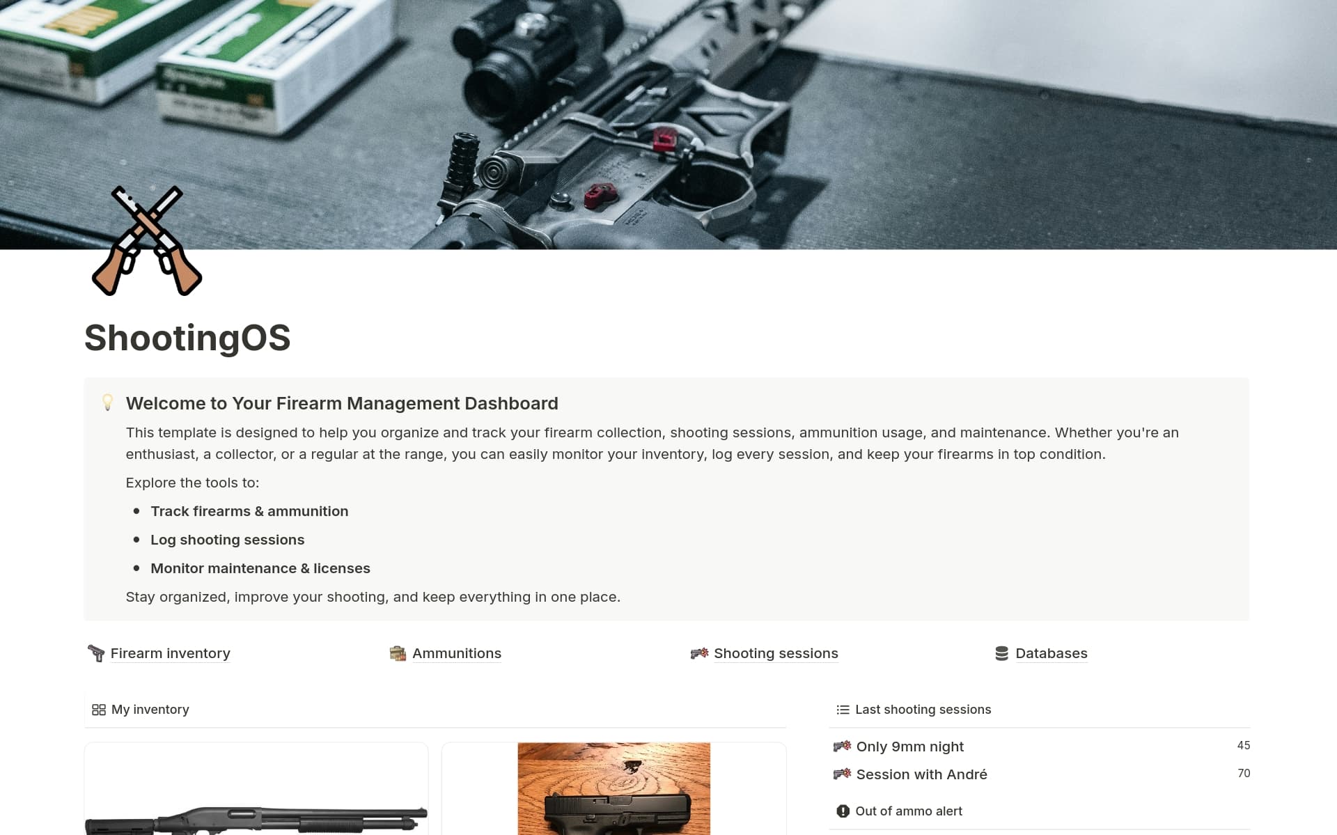 A template preview for ShootingOS - The Ultimate Notion Template for Firearm Enthusiasts
