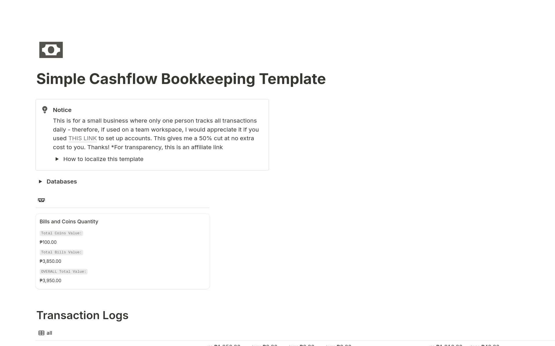 A template preview for Simple Cashflow Bookkeeping