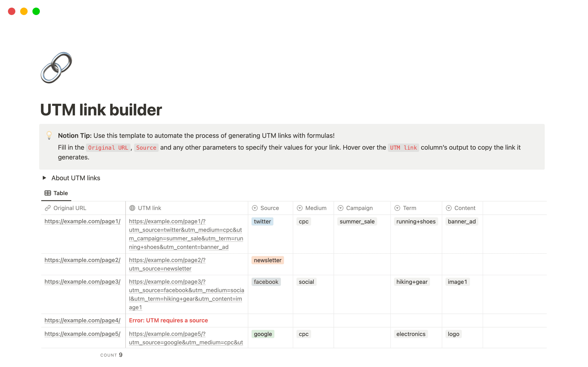 Easily generate UTM links without the fuss, thanks to Notion’s formula capabilities.