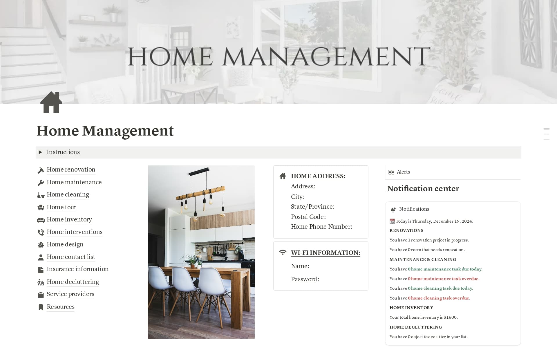 A template preview for Home management planner