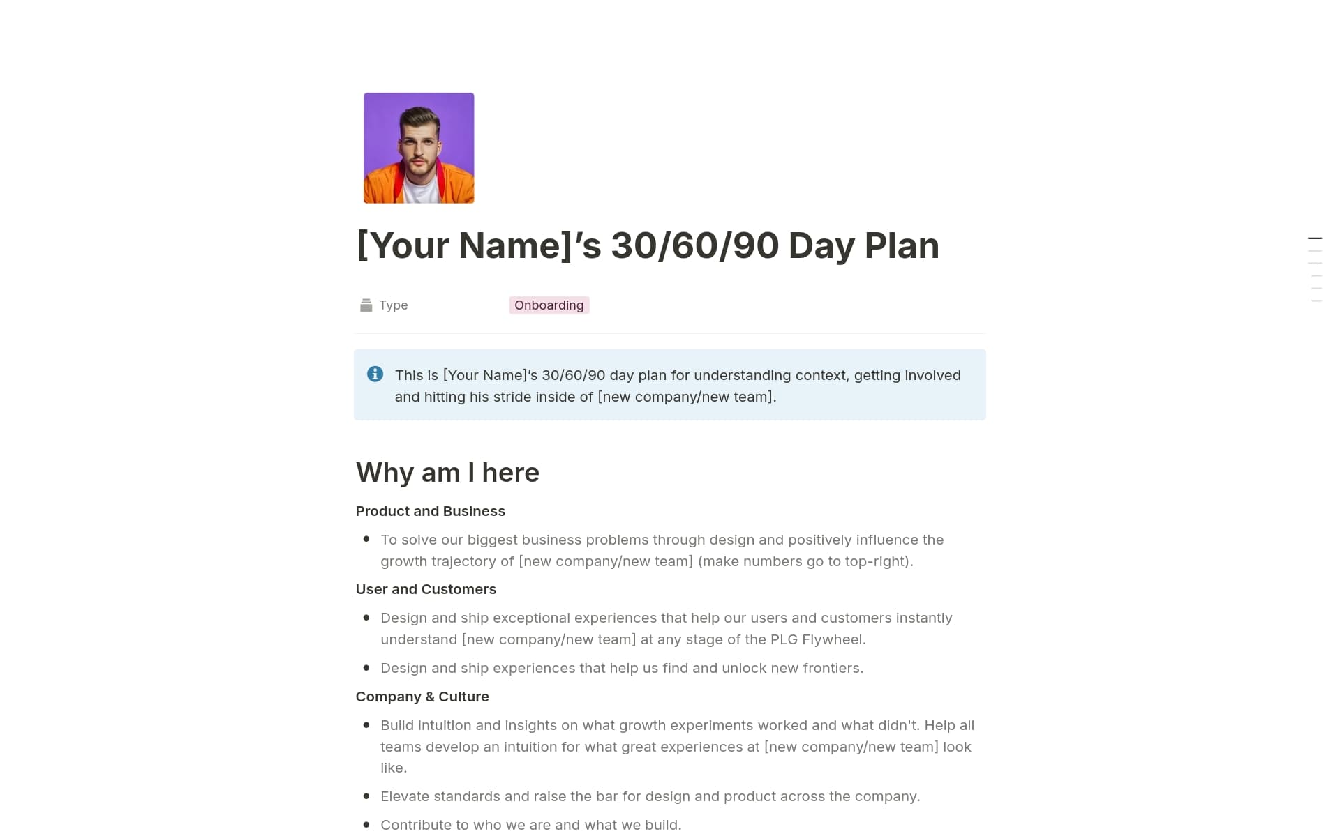An actionable 30/60/90 day plan template that helps new leaders navigate their onboarding journey with clarity and purpose. Built to balance quick wins with long-term impact while not rushing to provide value.