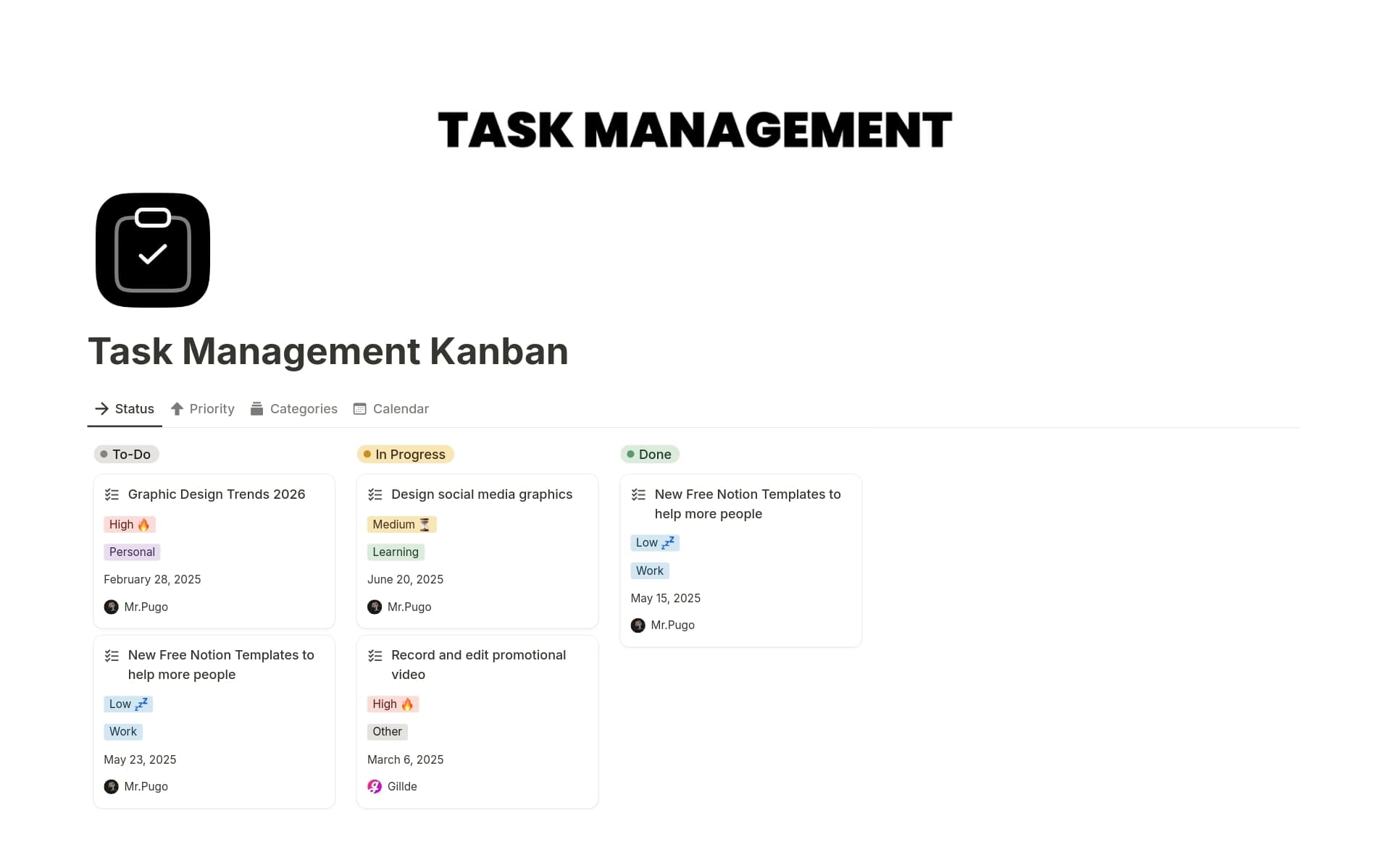 A template preview for Task Management Kanban