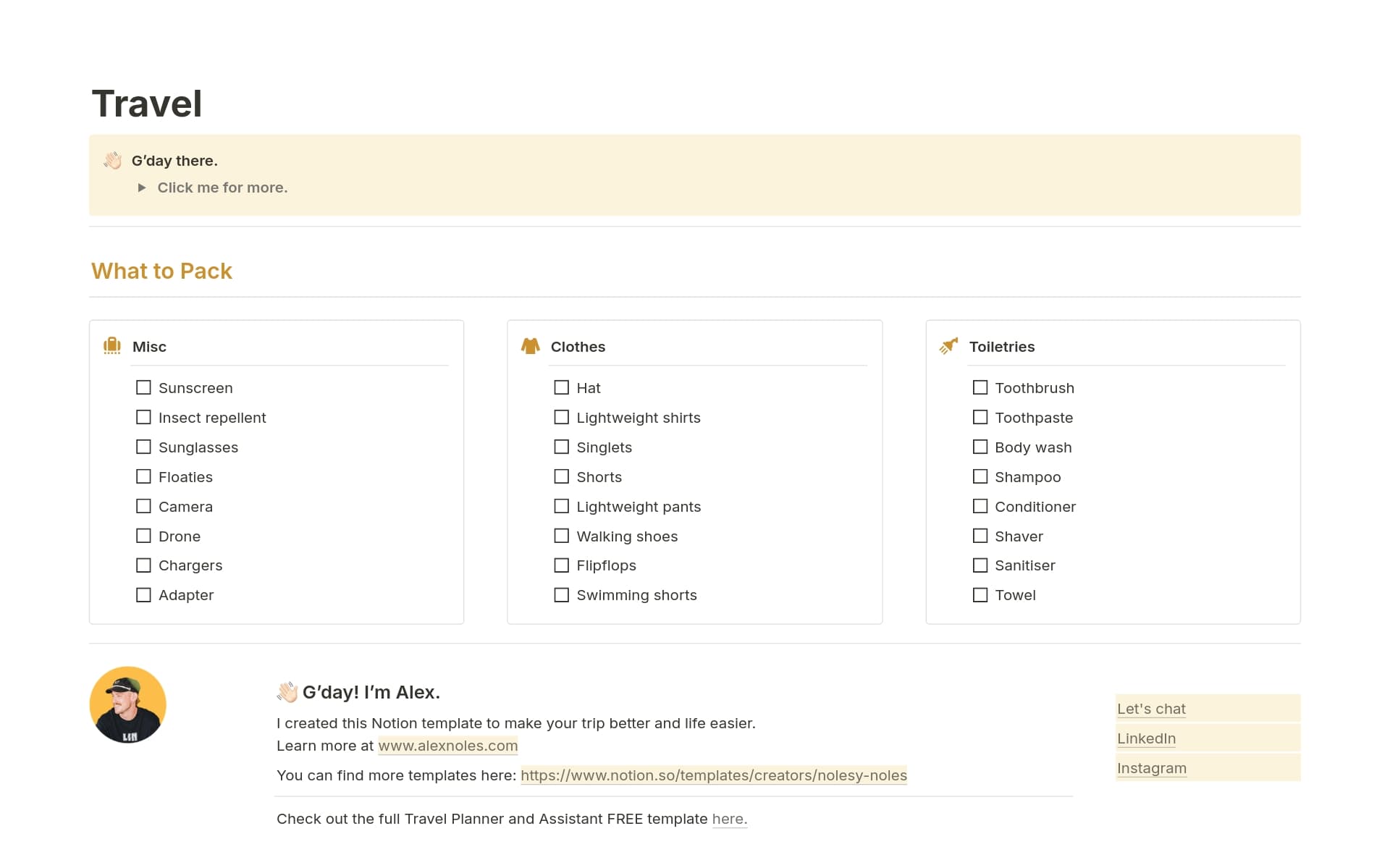 A template preview for Travel Packing List