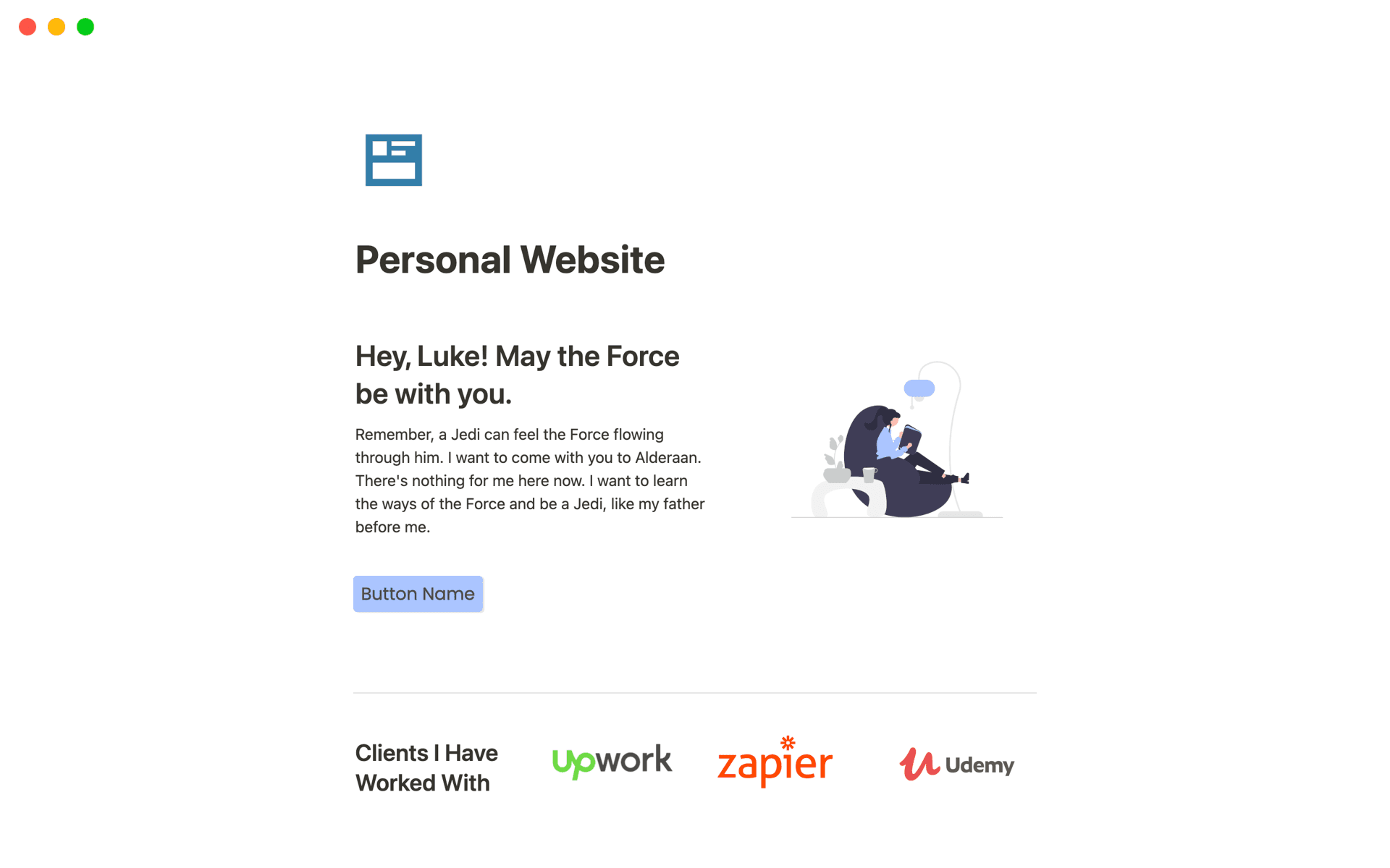 Personal website Notion template includes a clients and services section, contact form, and more to build a beautiful website.