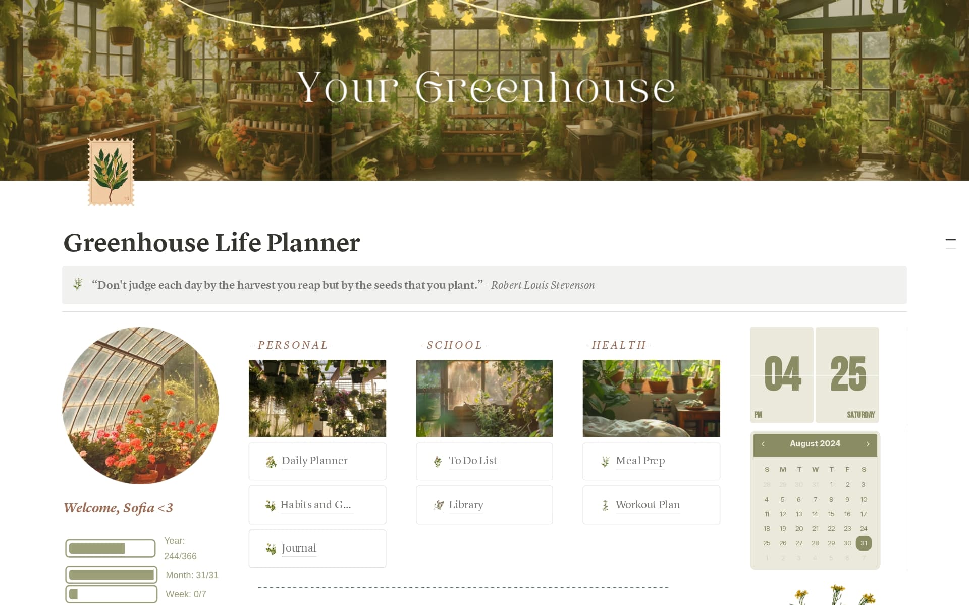 A template preview for Ultimate Aesthetic Greenhouse Life Planner