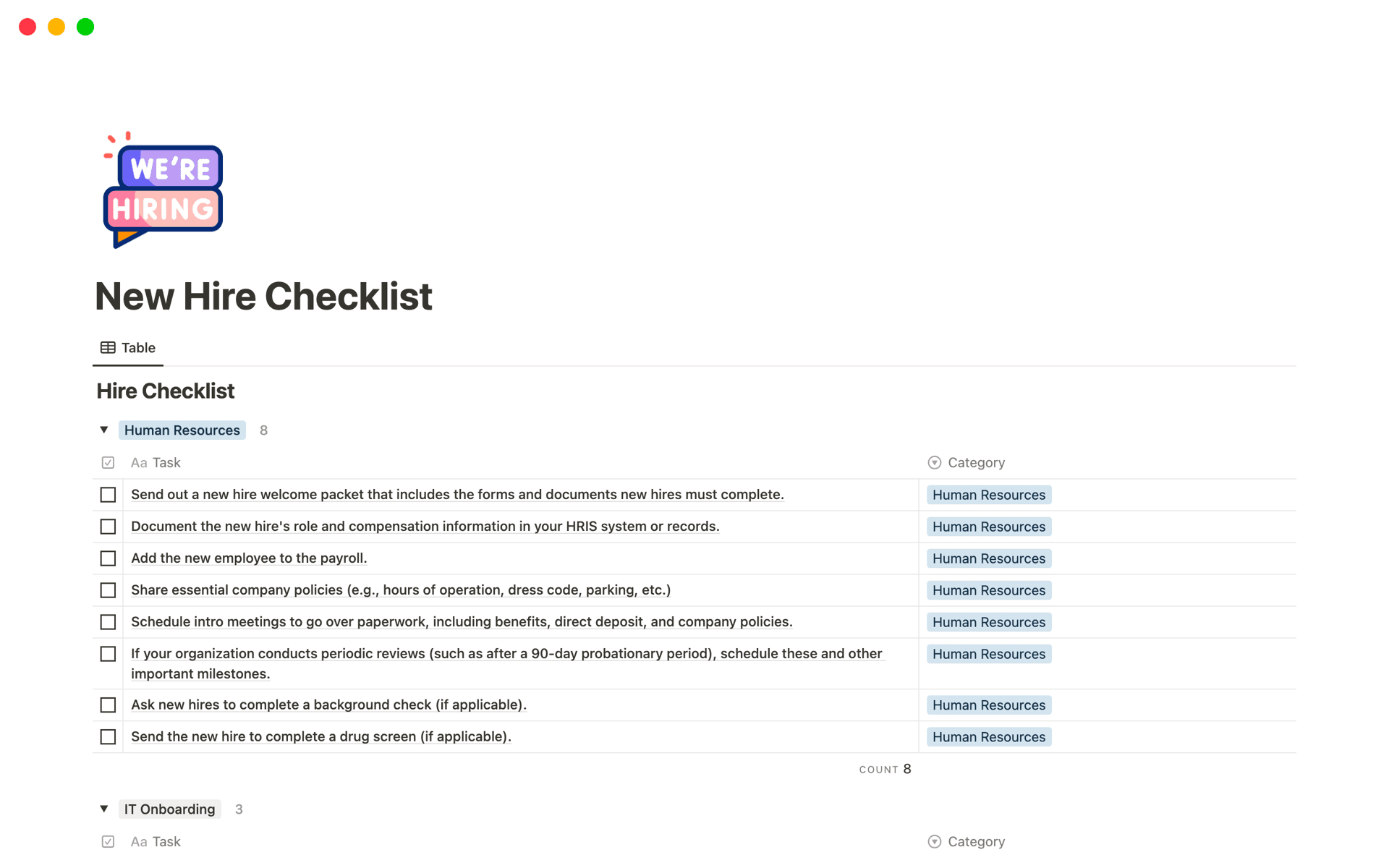 🚀 New Hire Checklist: Smooth Onboarding Edition 🌟
Embark on a seamless onboarding journey with our New Hire Checklist, meticulously designed to guide you through the essential categories of your induction process.