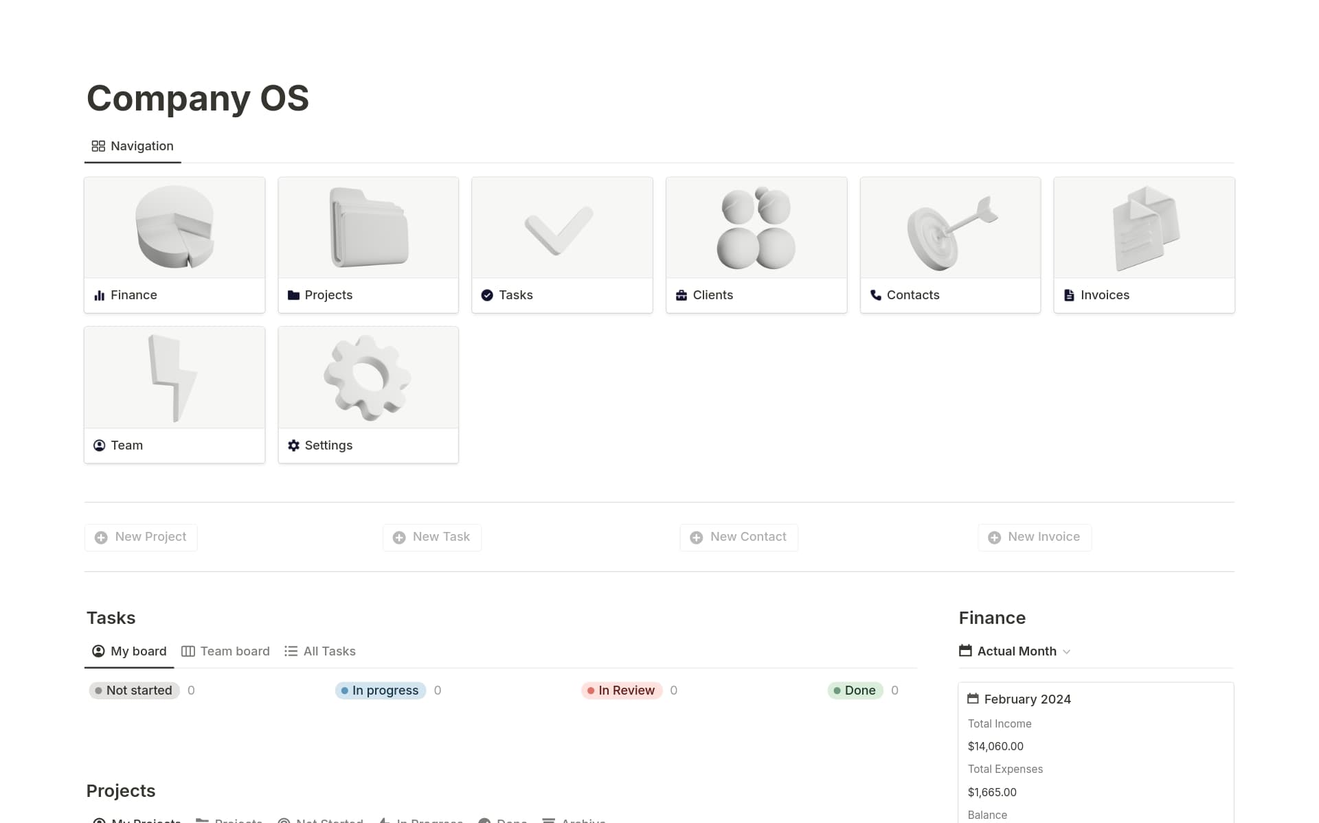 Manage your Company in one place, from the Lead through the Project and Task management to the Invoicing.