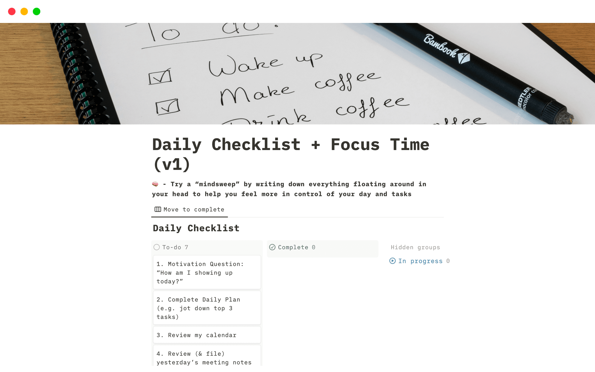 Daily Checklist and Focus Time (v1) Template by Daniel Tuohy | Notion ...